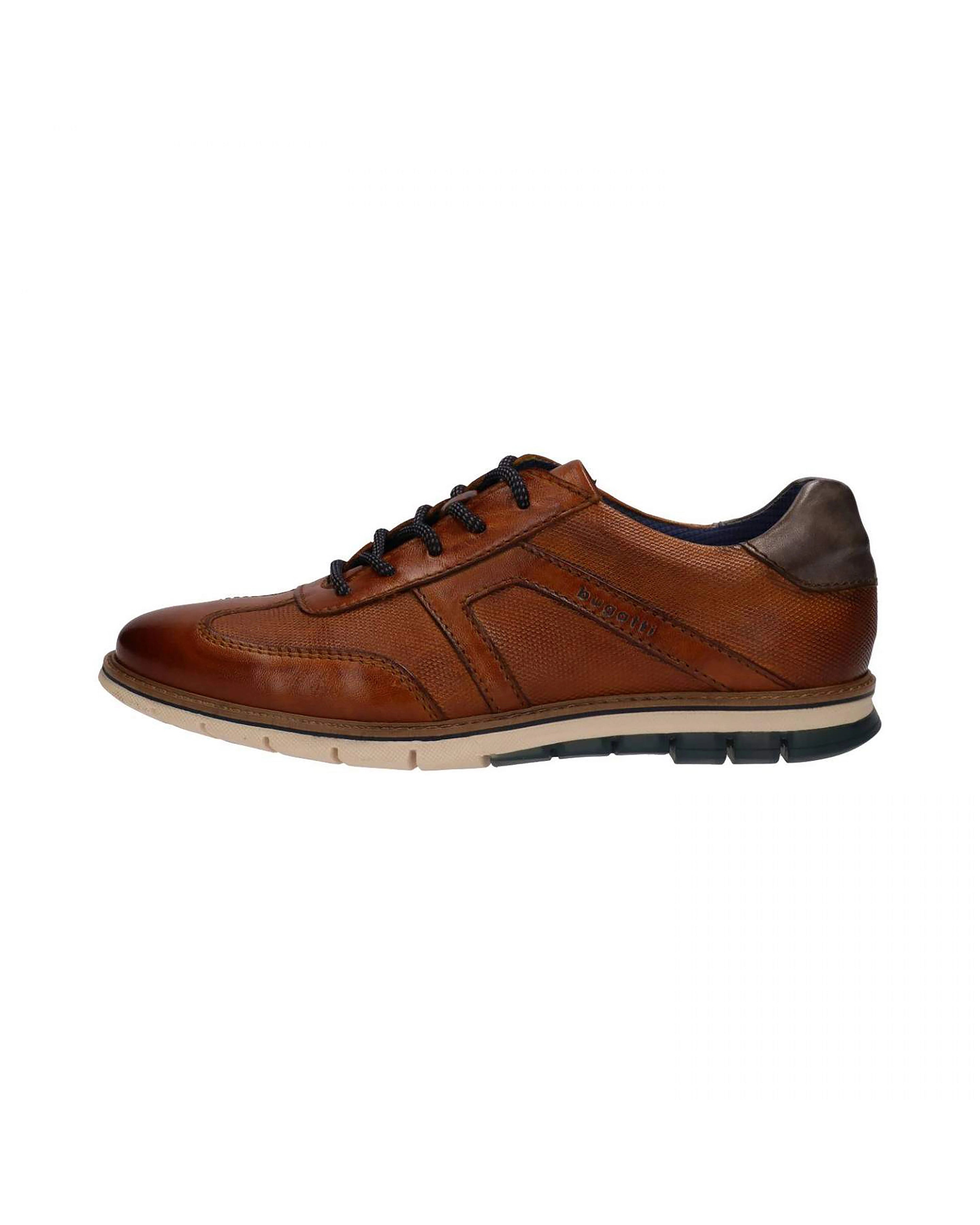 Brown leather shoe by bugatti, side view, sporty style, durable sole.