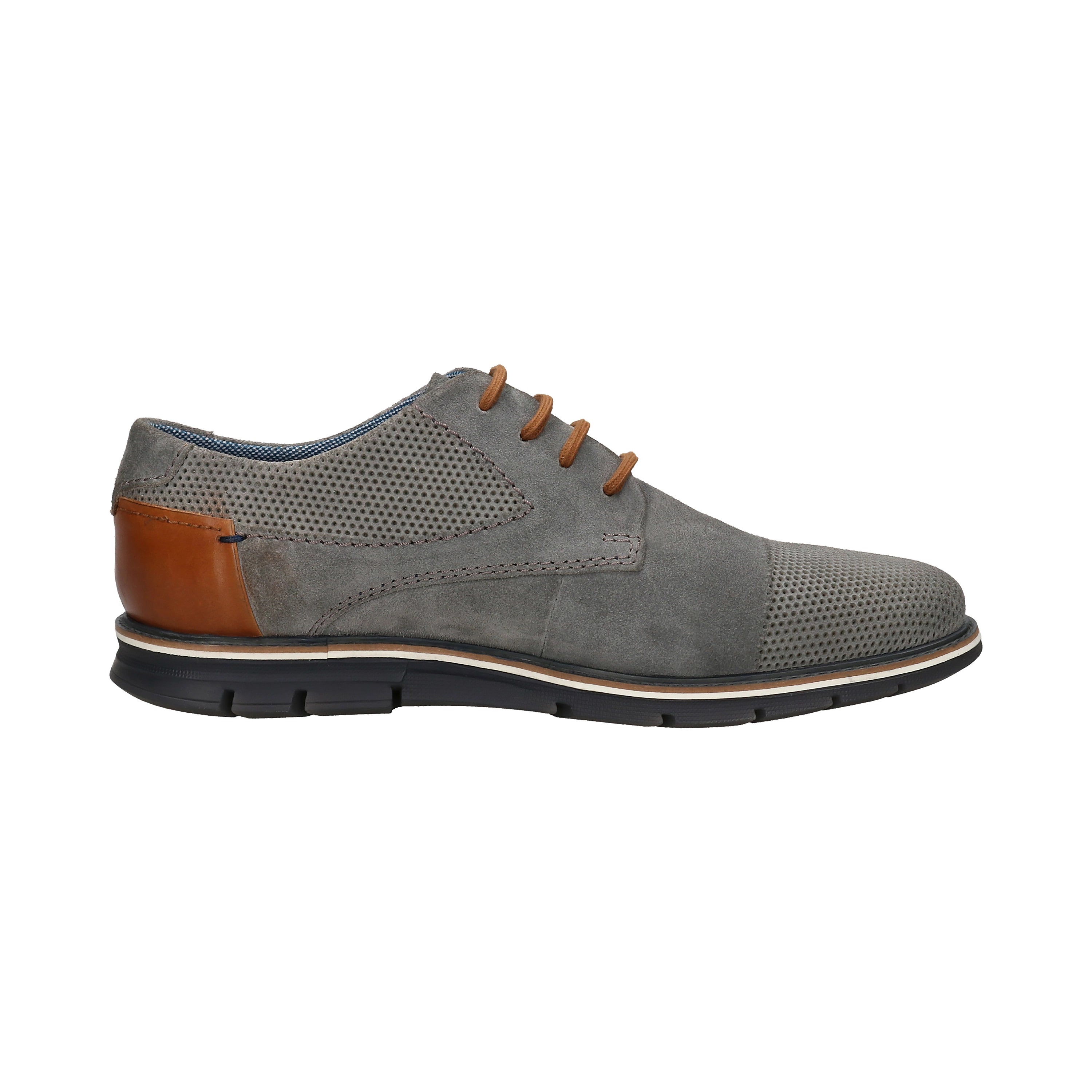 Grauer bugatti Lederschuh mit braunen Akzenten, perforiertes Design, Seitenansicht.