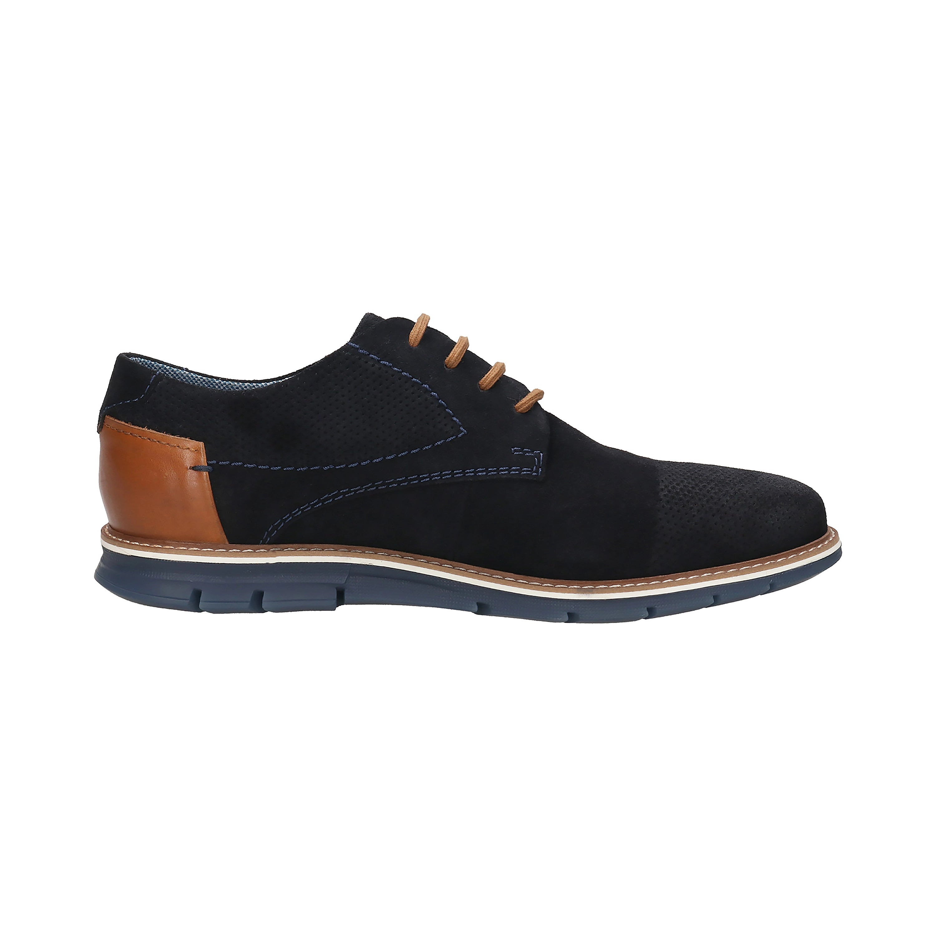 Eleganter bugatti Herrenschuh in Dunkelblau mit braunen Akzenten, seitliches Profil.