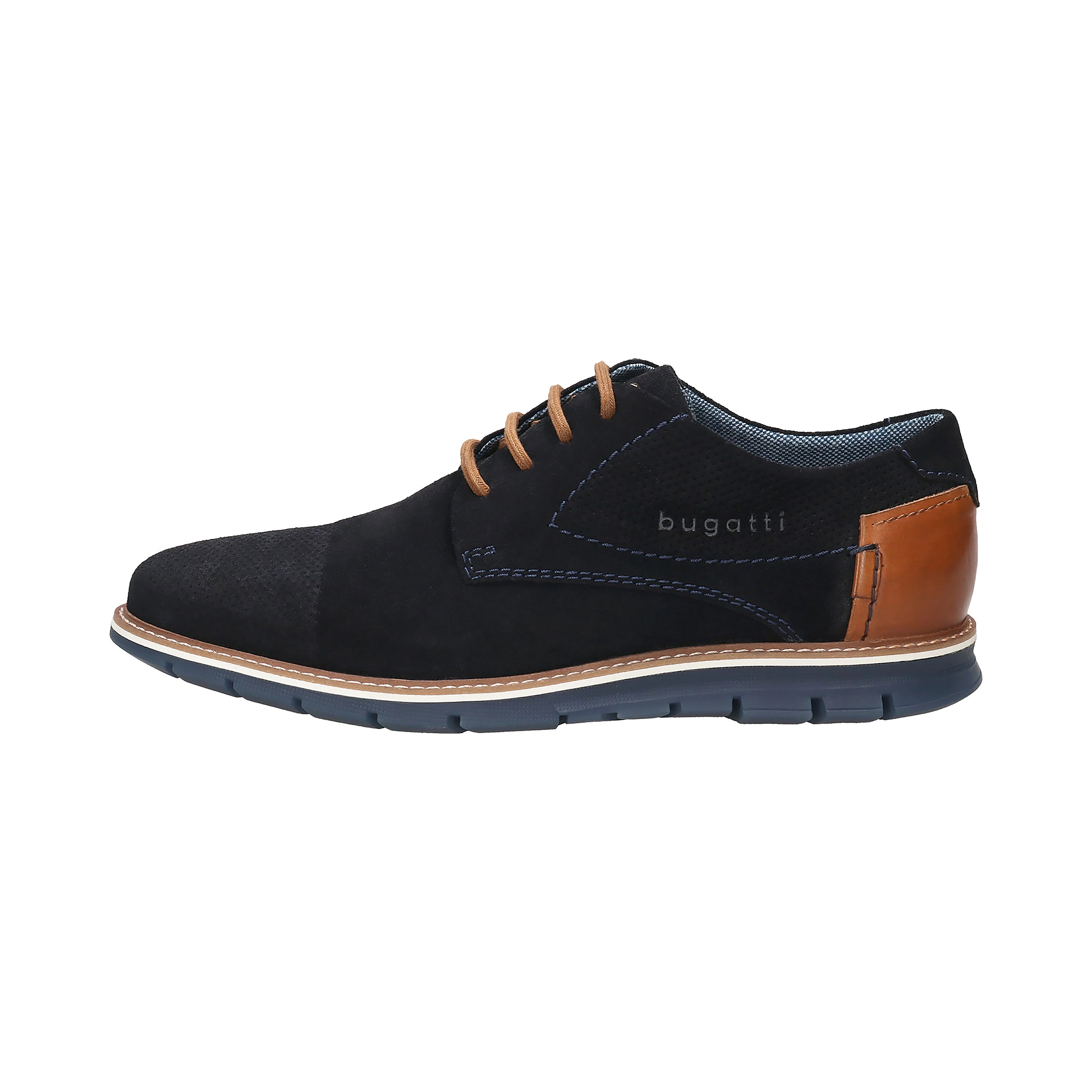 bugatti Herrenschuh, dunkelblau mit braunen Akzenten, seitliche Ansicht, elegantes Design.