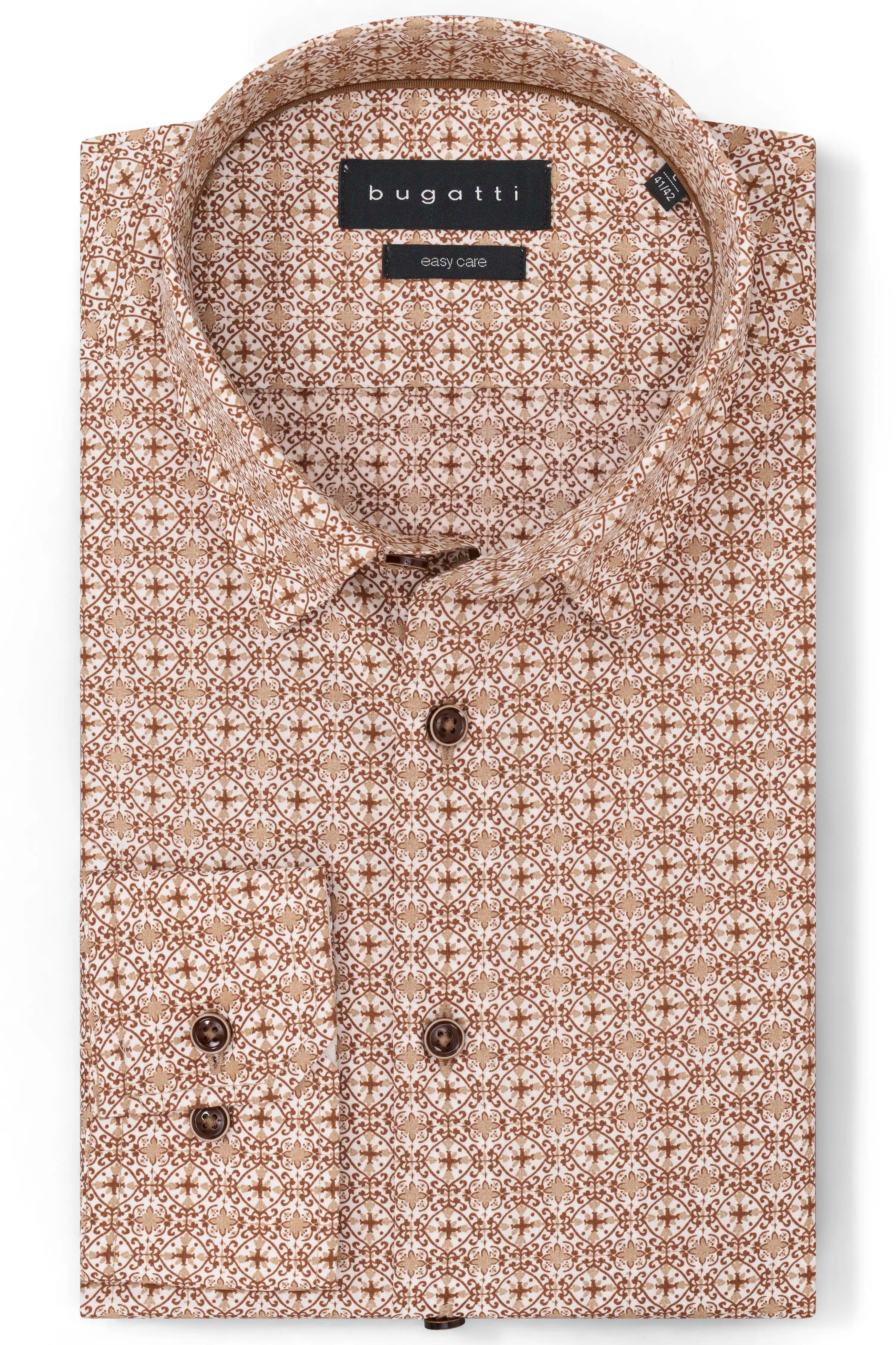 bugatti Hemd, braun-weiß gemustert, Büstenbild, klassischer Kragen, elegantes Design.