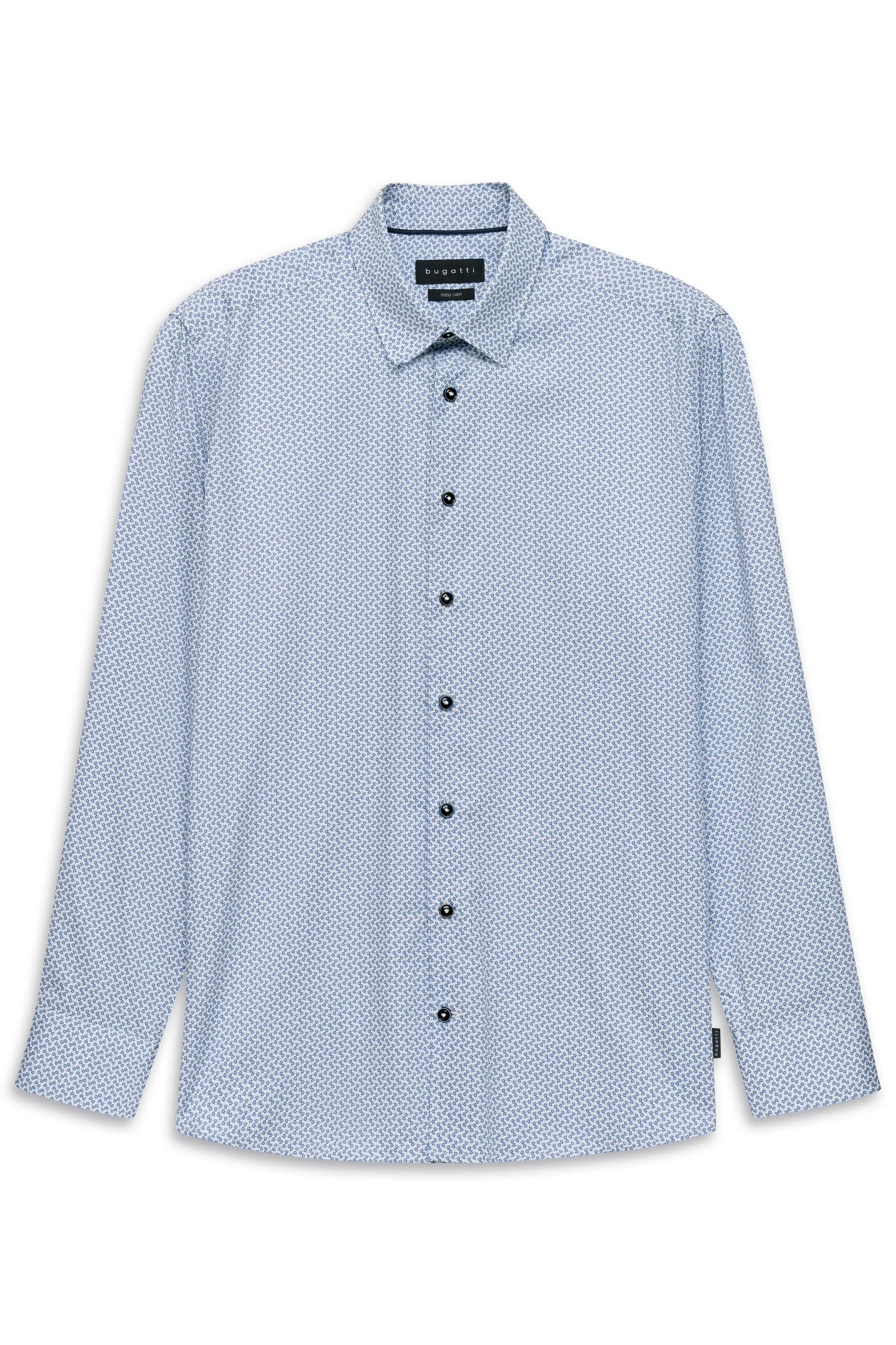 Bugatti Hemd, weiß-blau gemustert, Büstenbild, stilvoll und elegant.