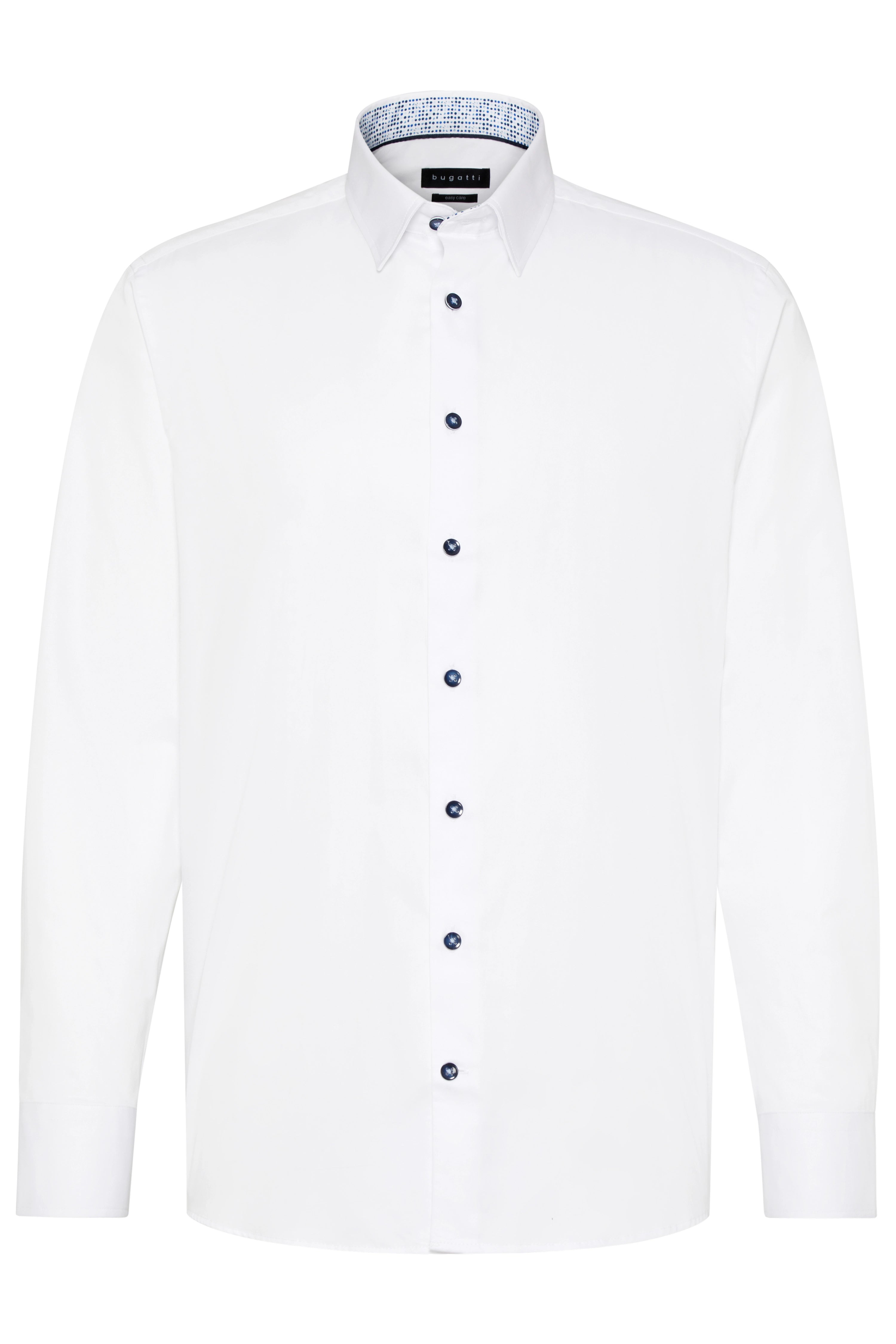 Witte bugatti blouse met blauwe knopen, buste, klassiek ontwerp.