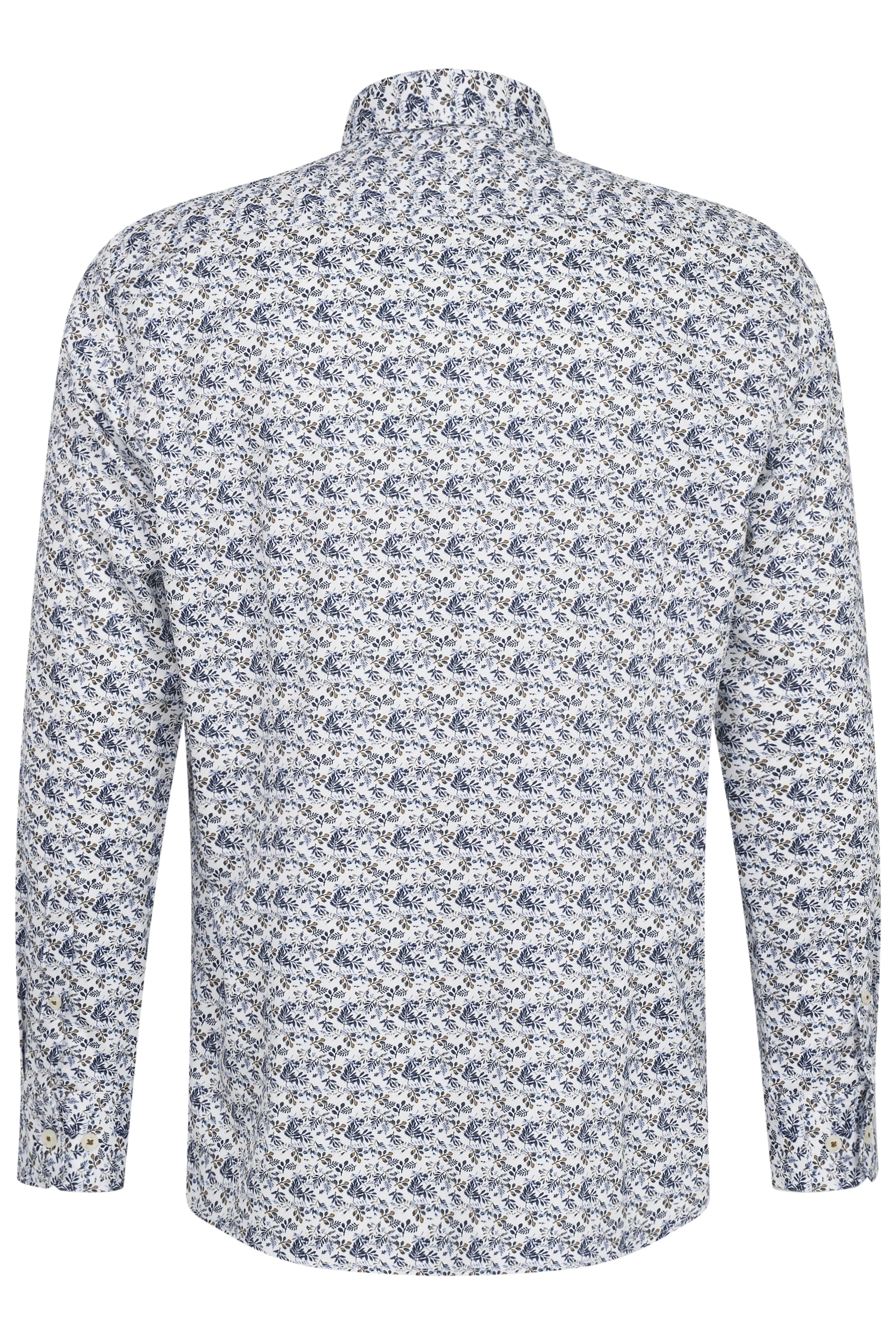 blauw-wit gebloemd herenoverhemd met lange mouwen, achteraanzicht, casual buste afbeelding