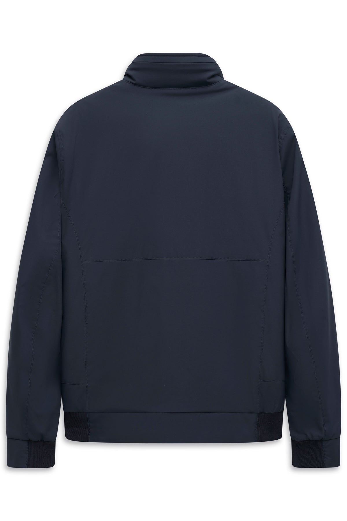 Dunkelblaue bugatti Jacke, Rückansicht, legeres Design, hochwertige Verarbeitung.