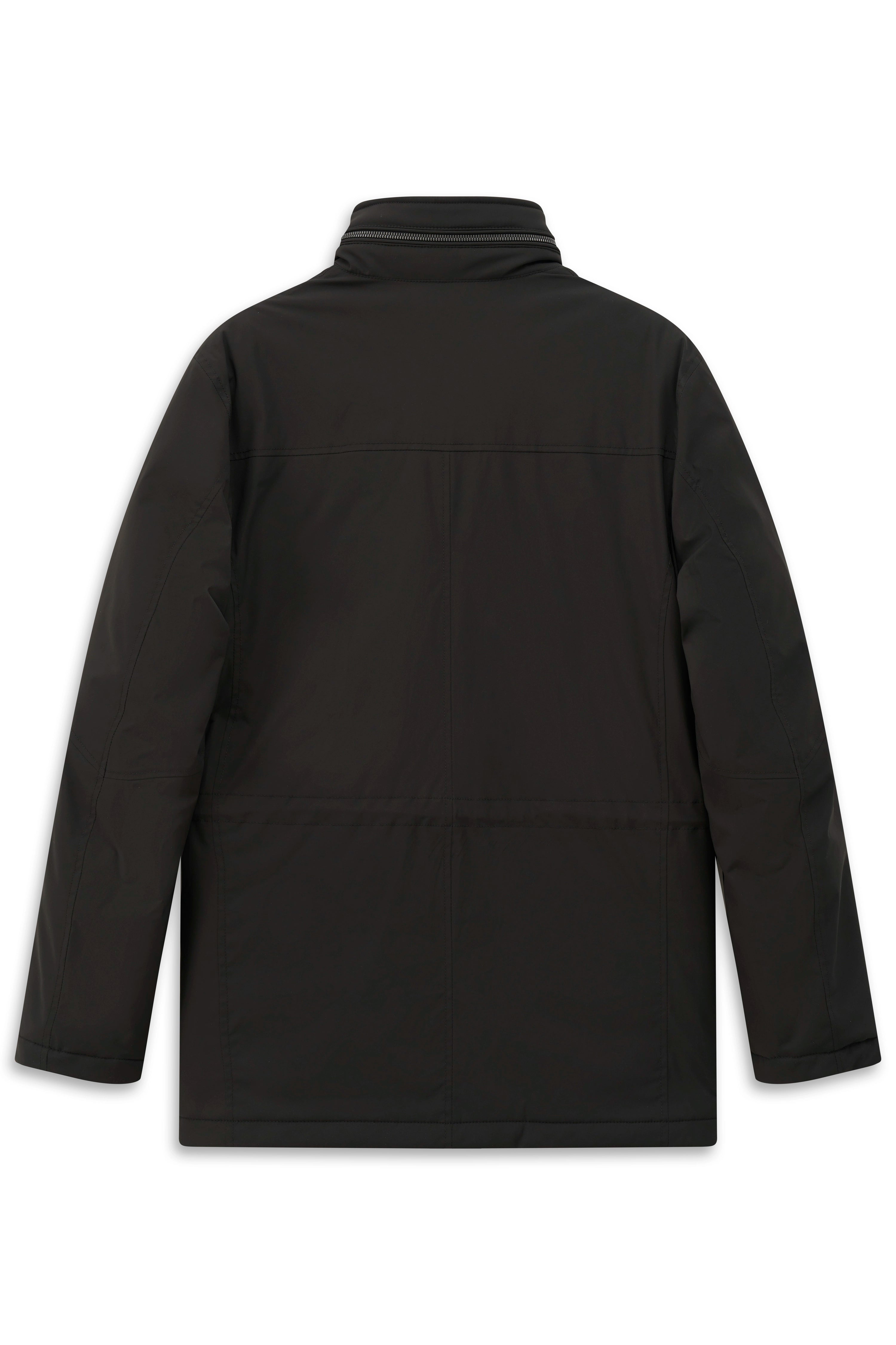 Schwarze bugatti Jacke, Rückansicht, legerer Stil, minimalistisches Design, hochwertige Verarbeitung.