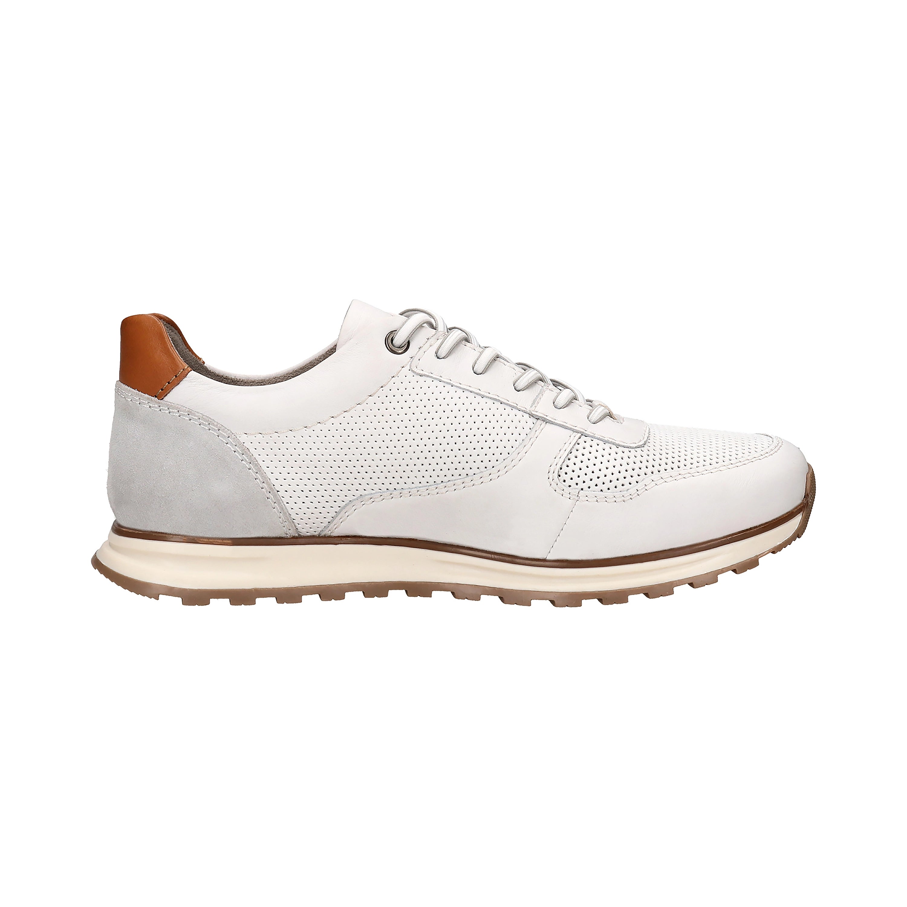 White bugatti sneaker with brown accent and perforated design, side view.
