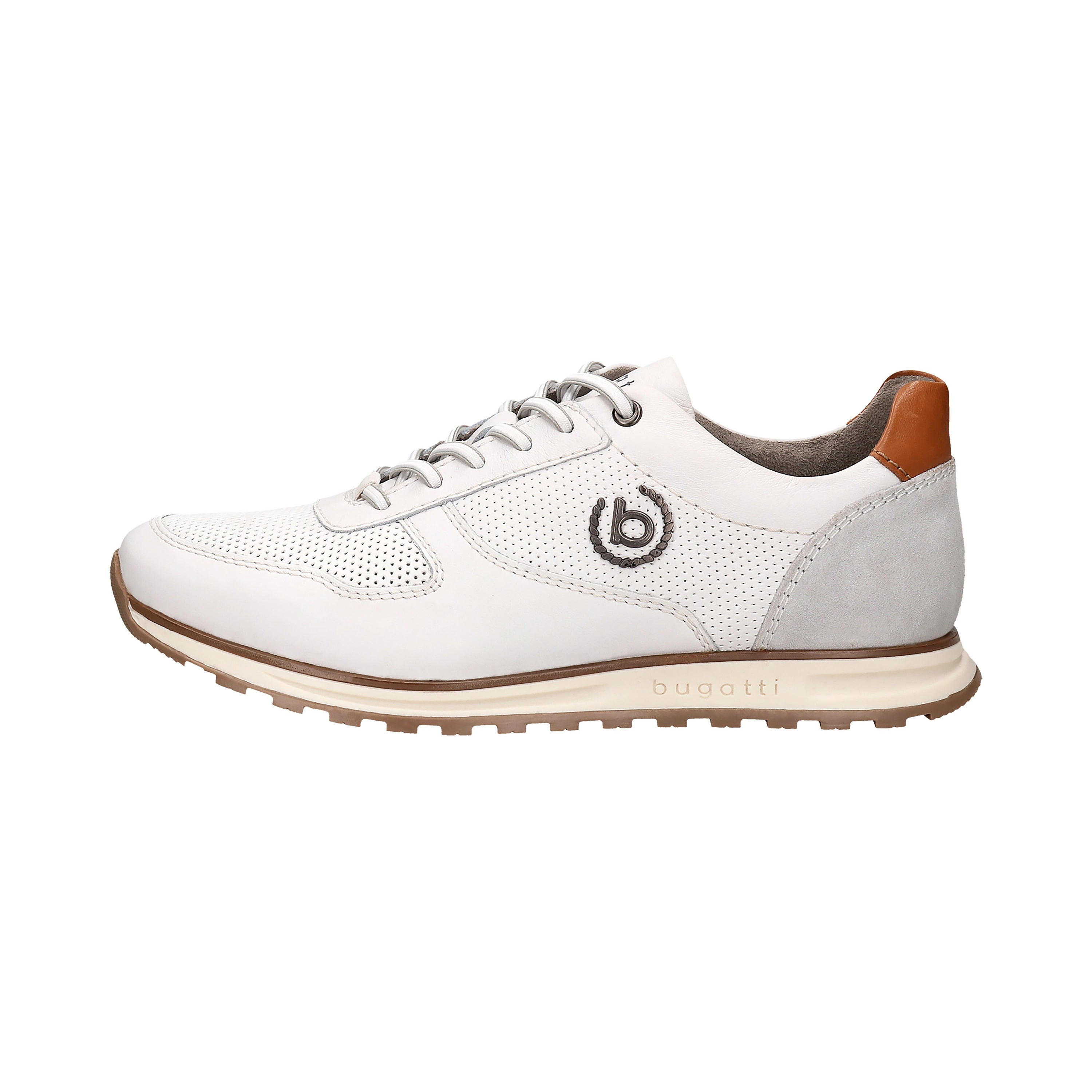 White bugatti sneakers with brown accents, side view, sporty-elegant design.