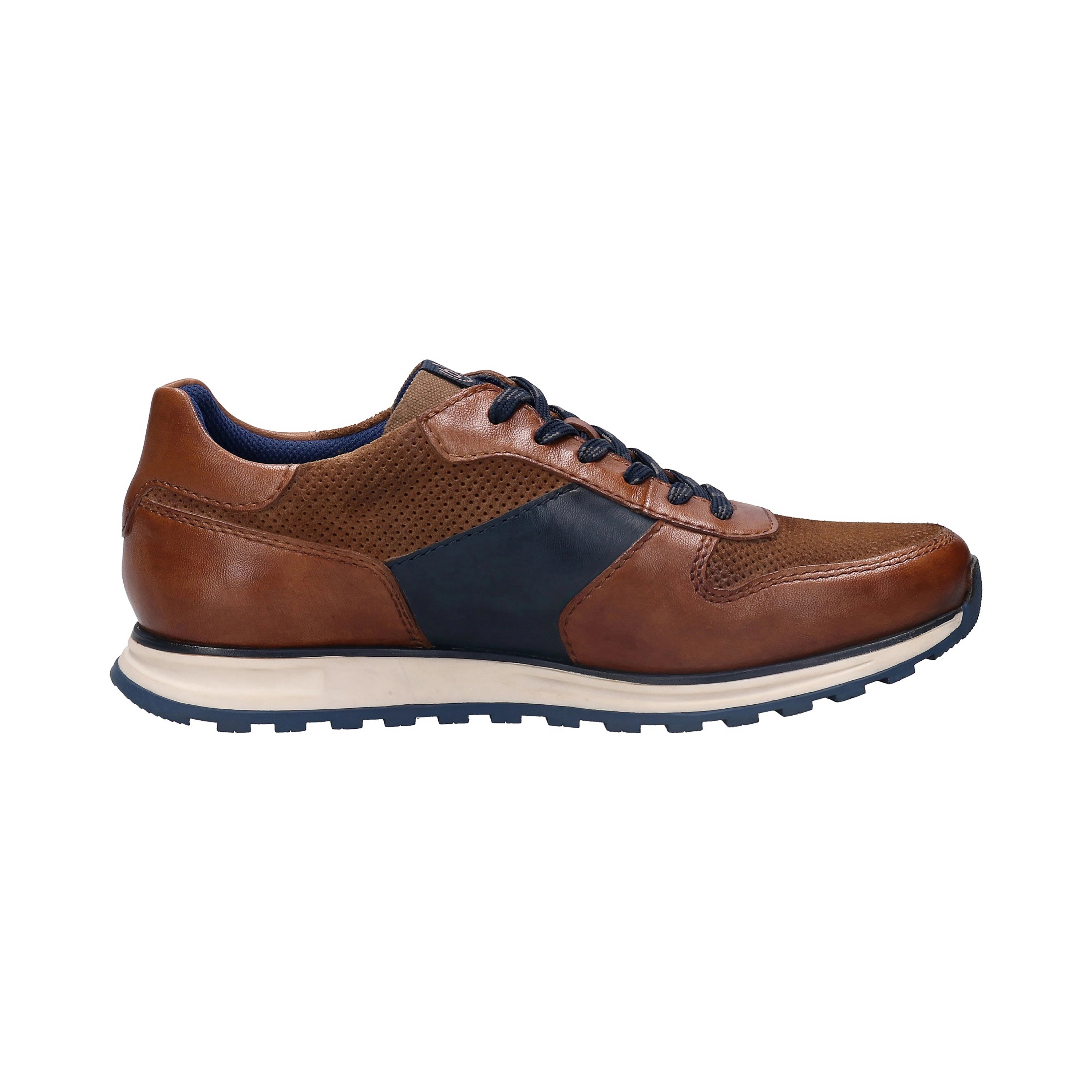 Casual bruine en blauwe sneaker van leer, zijaanzicht, ideaal voor stijlvolle vrijetijdsoutfits van bugatti.
