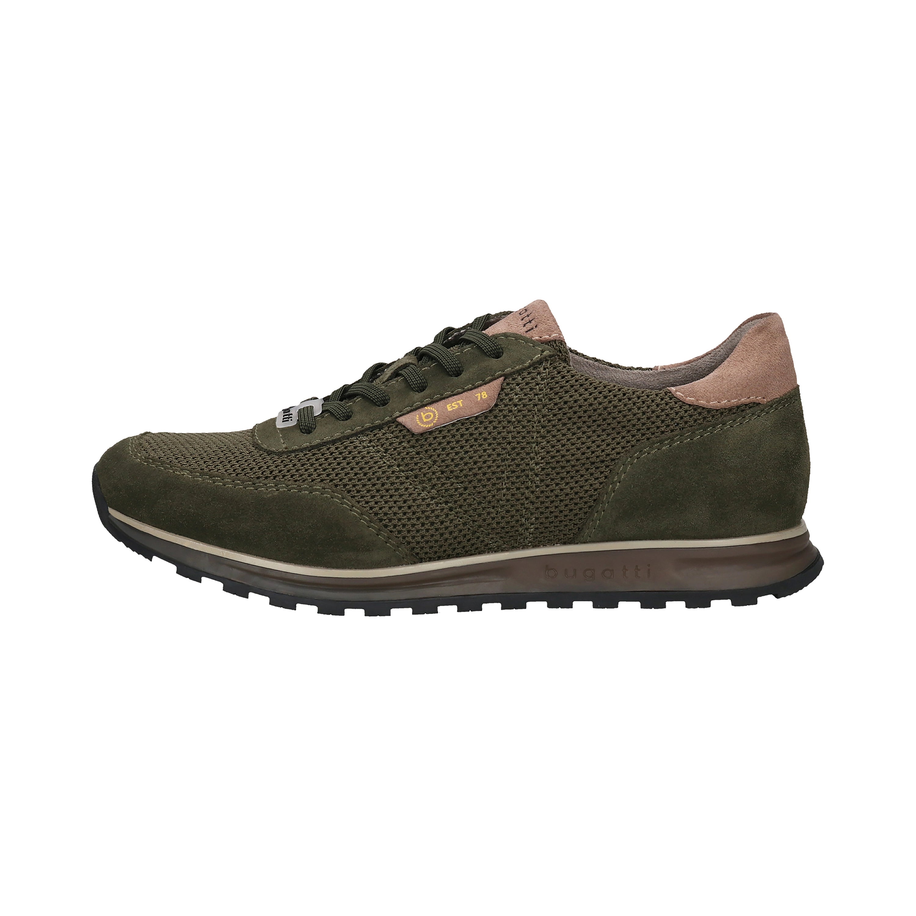 Green bugatti sneaker with mesh and suede, side view.