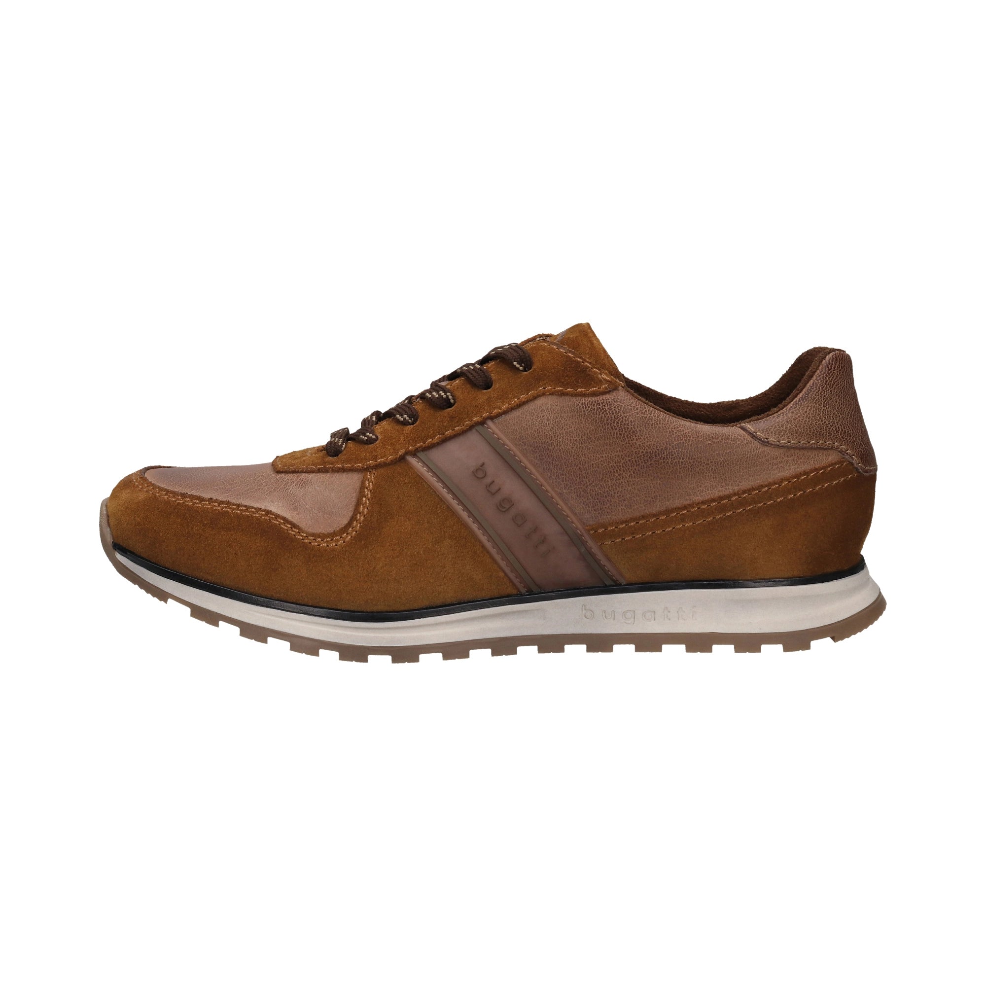 bugatti sneaker in brown leather and suede, side logo, bust view.
