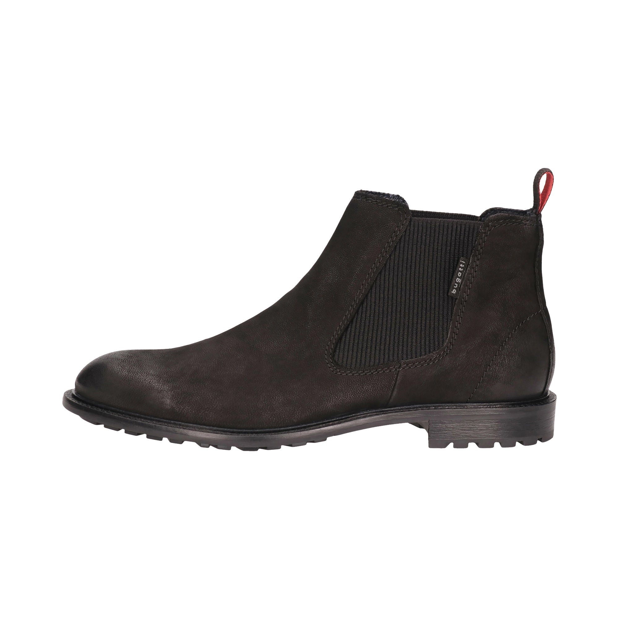 bugatti Chelsea Boot, black leather, side elastic panels. Bust shot.