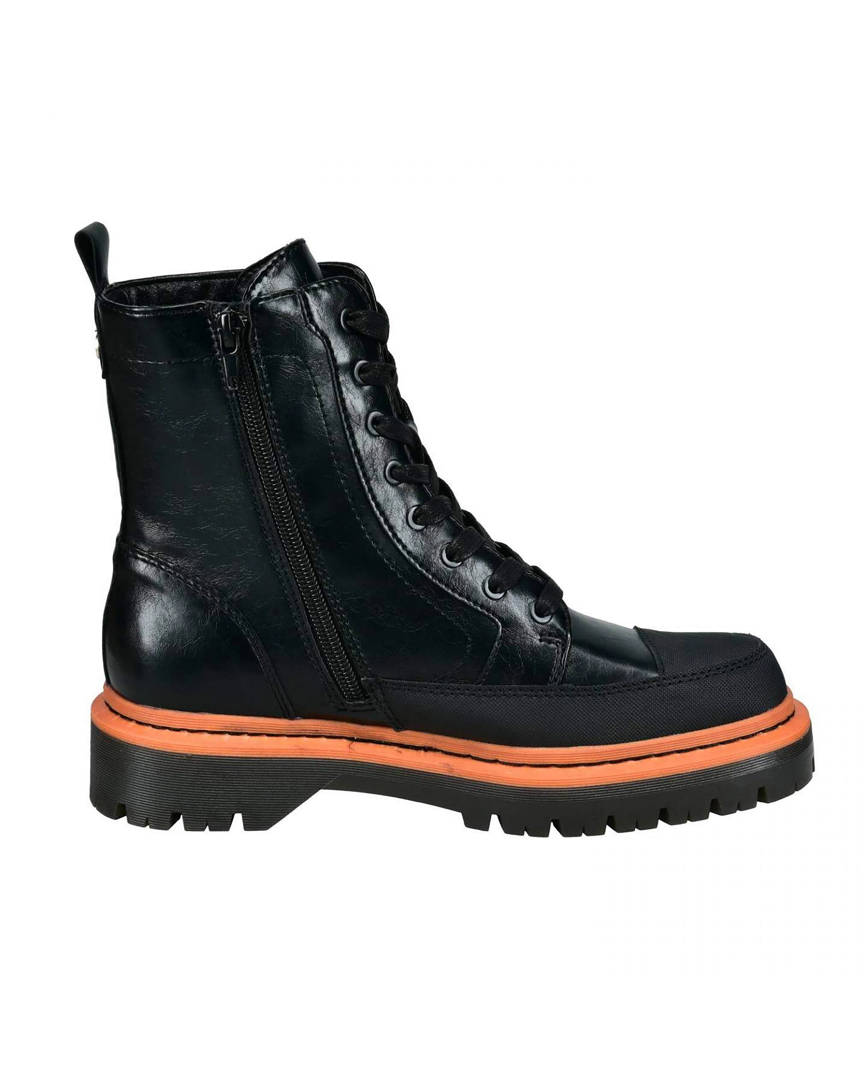 Black bugatti ankle boot with laces and zipper, orange sole, detail view.