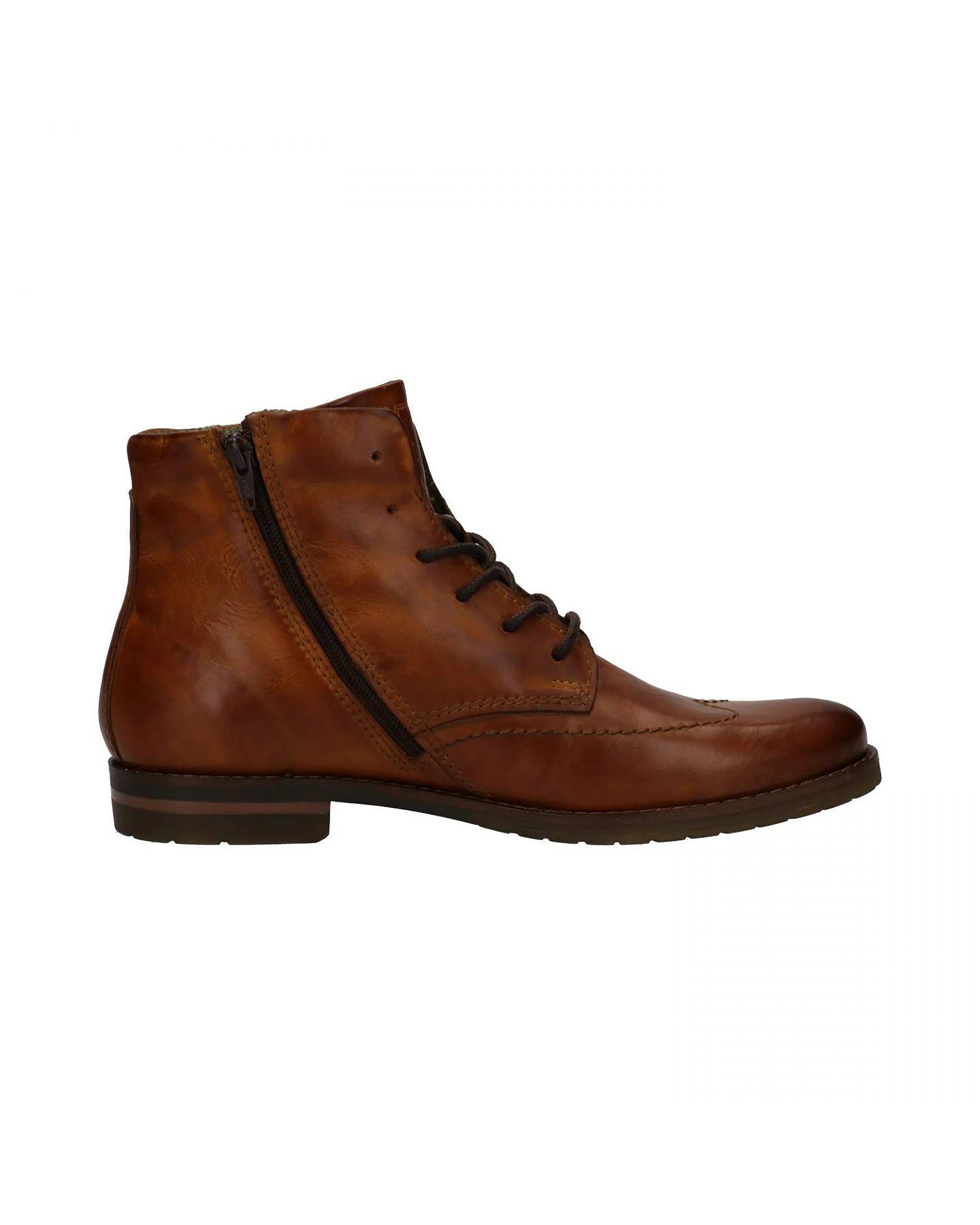 bugatti brauner Lederstiefel mit Schnürung und Reißverschluss, Seitenansicht, klassisches Design.