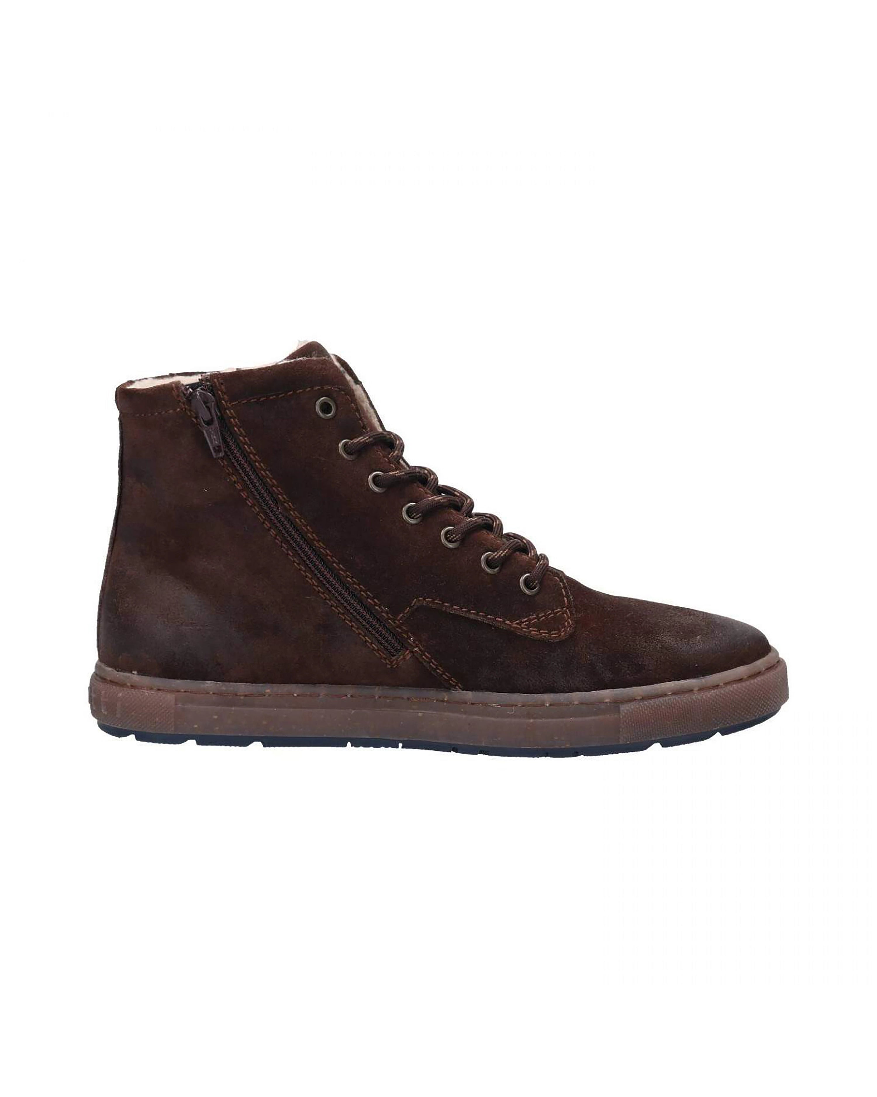 Bugatti brauner Lederstiefel mit Schnürung und seitlichem Reißverschluss, legeres Produktbild.