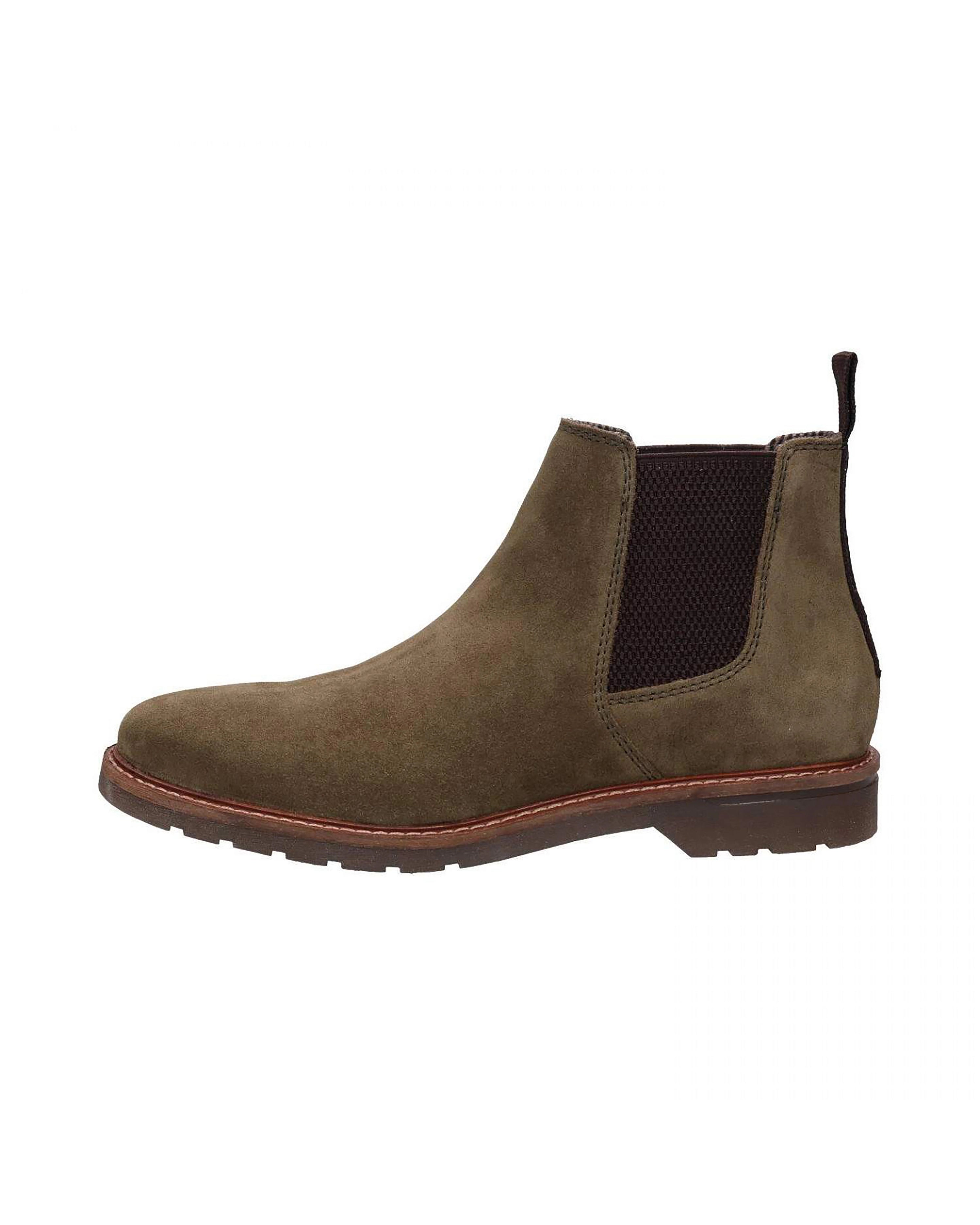 Olive green Chelsea boot, side view. Elegant design with elastic insert, suitable for business and casual wear.