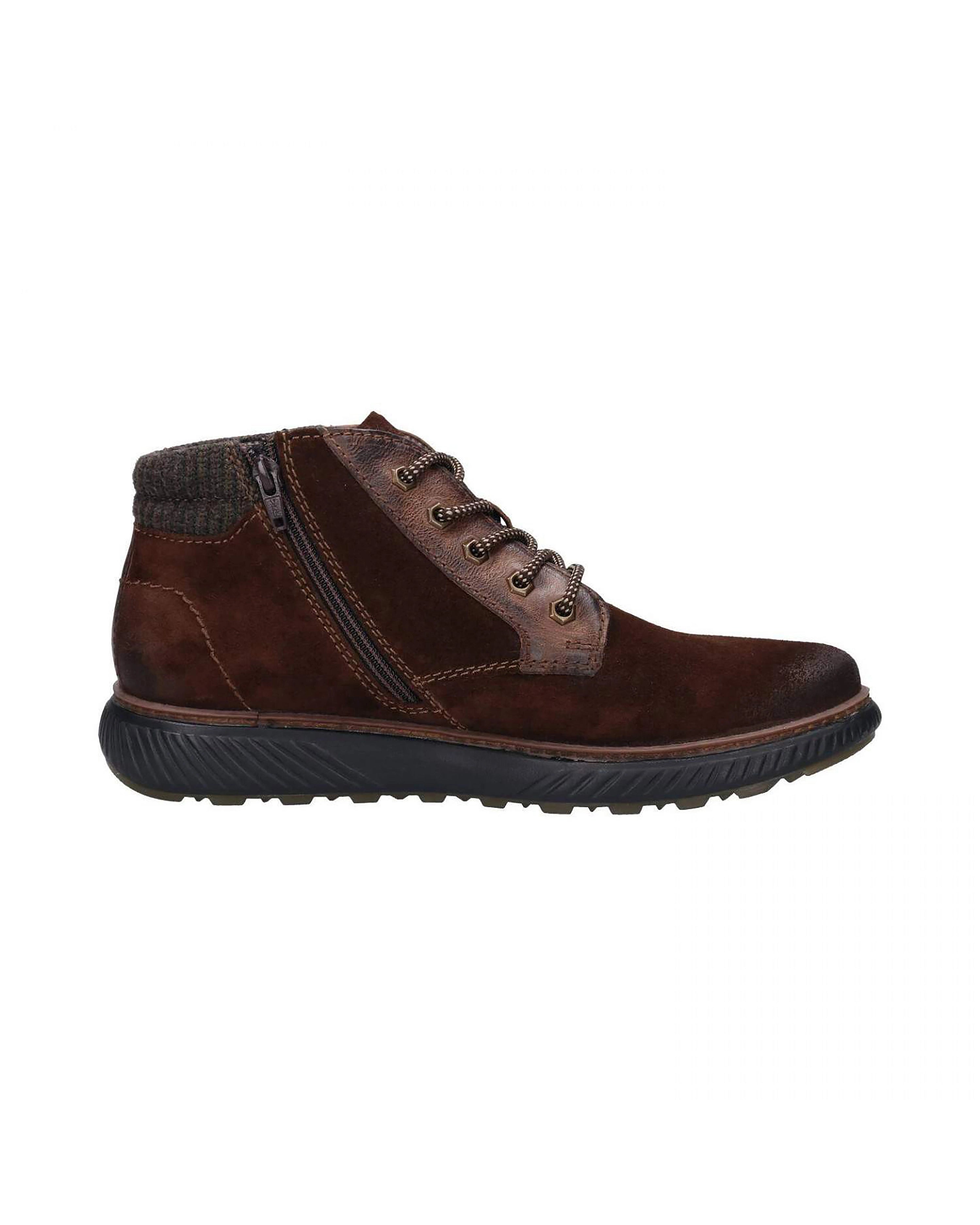 Braune bugatti Stiefelette mit Schnürung, Seitenreißverschluss und gepolstertem Schaft, Produktbild.