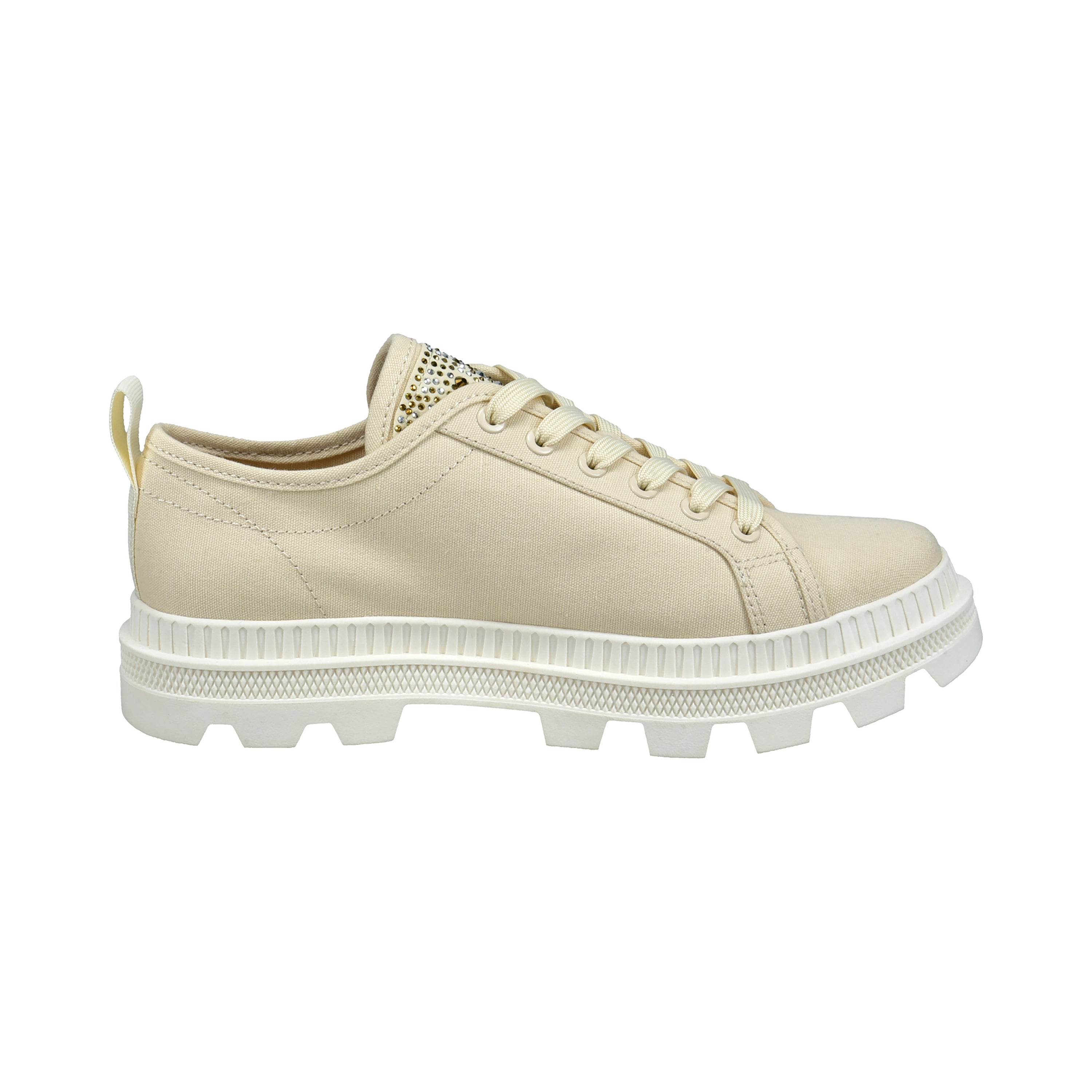 Beige bugatti Sneaker mit goldenen Details und robuster Sohle, Seitenansicht.