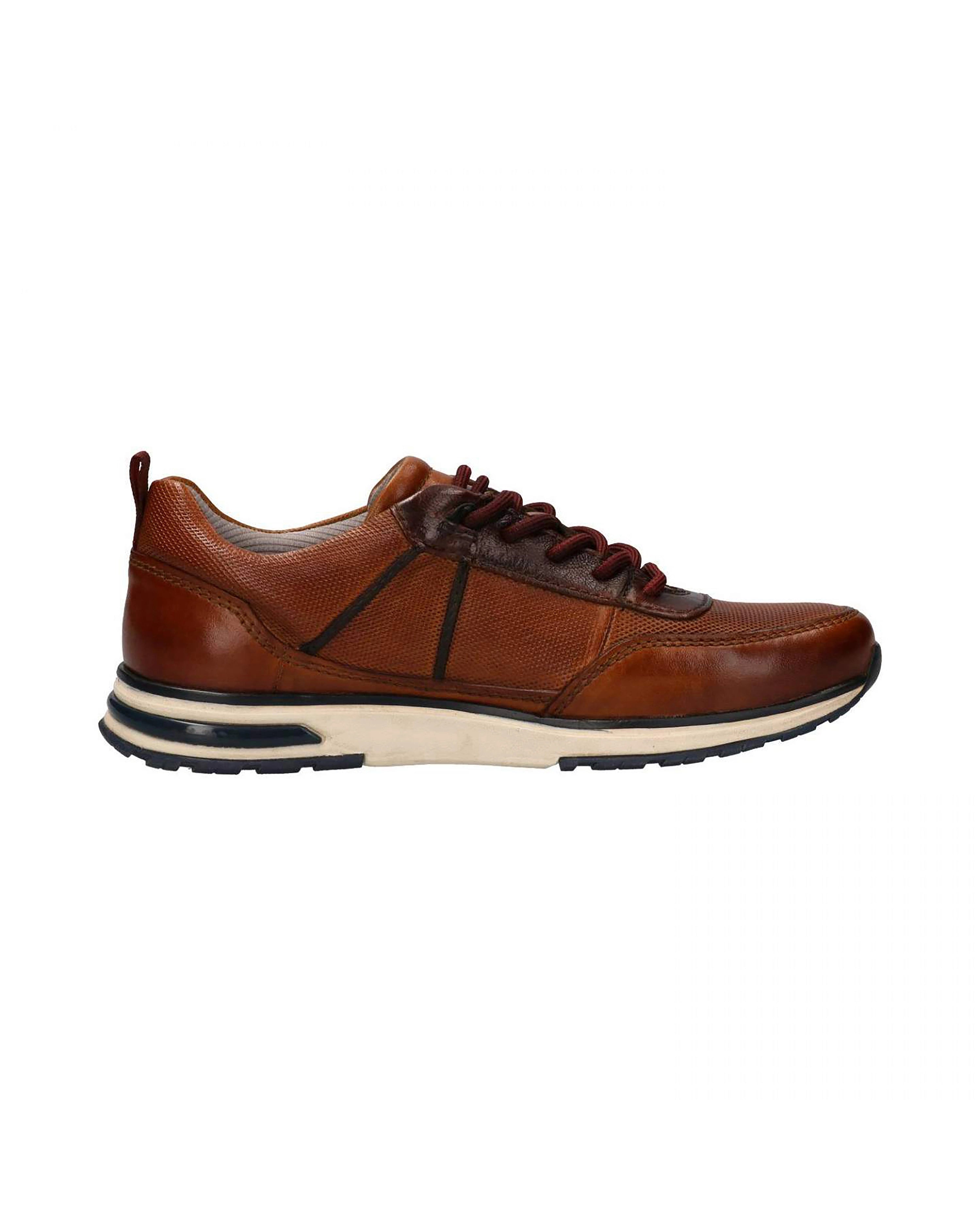 bugatti brown leather sneaker, side view, with red accents and dark sole, casual design.