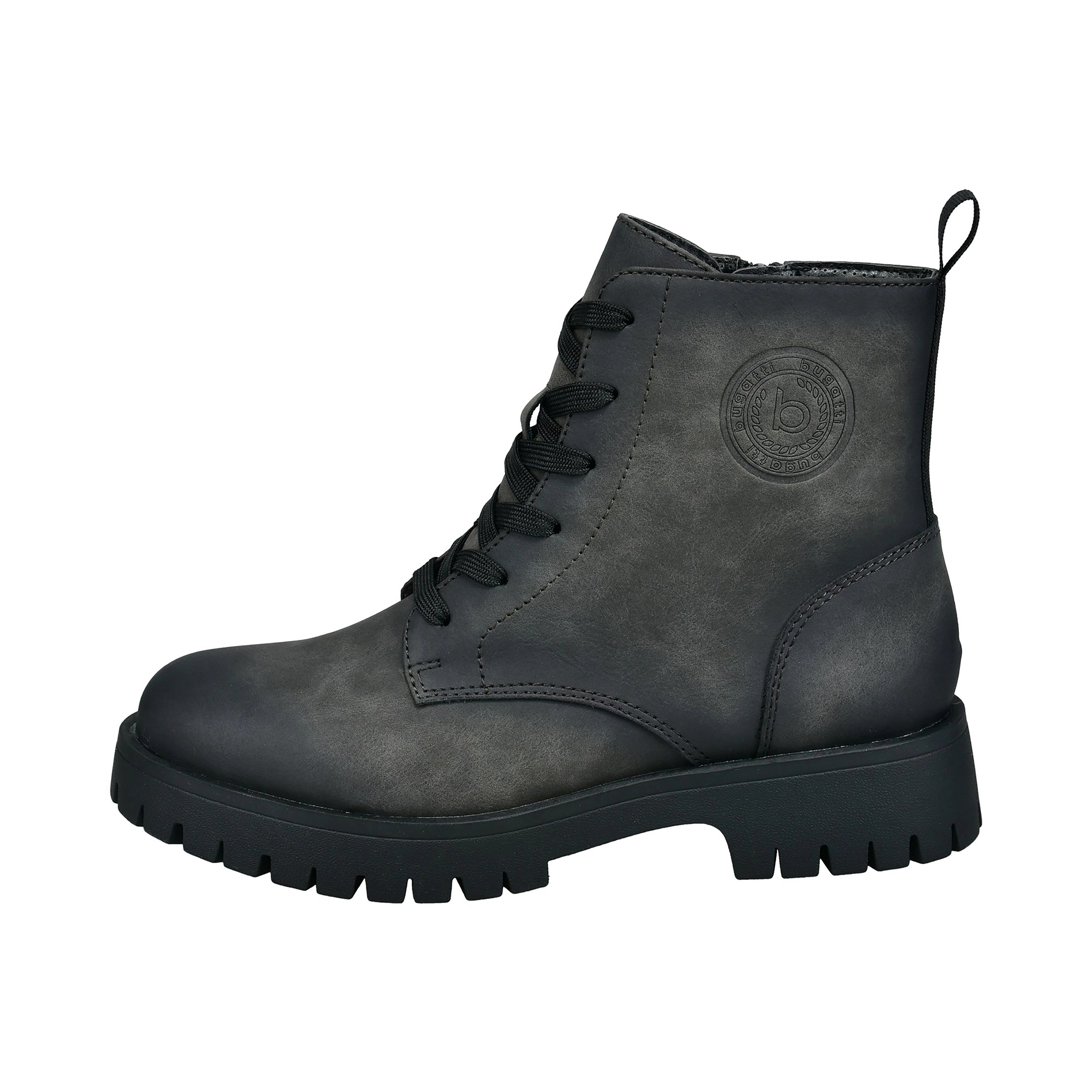Schwarzer bugatti Stiefel, rustikales Design, seitliches Logo, robustes Profil, Büstenbild.