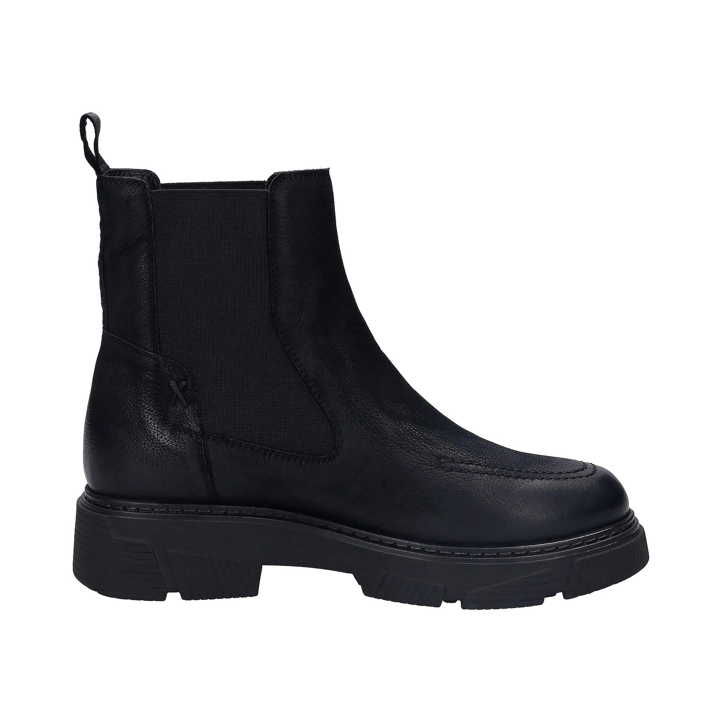 Schwarzer bugatti Chelsea-Boot aus Leder, Seitenansicht, auf Büste präsentiert.
