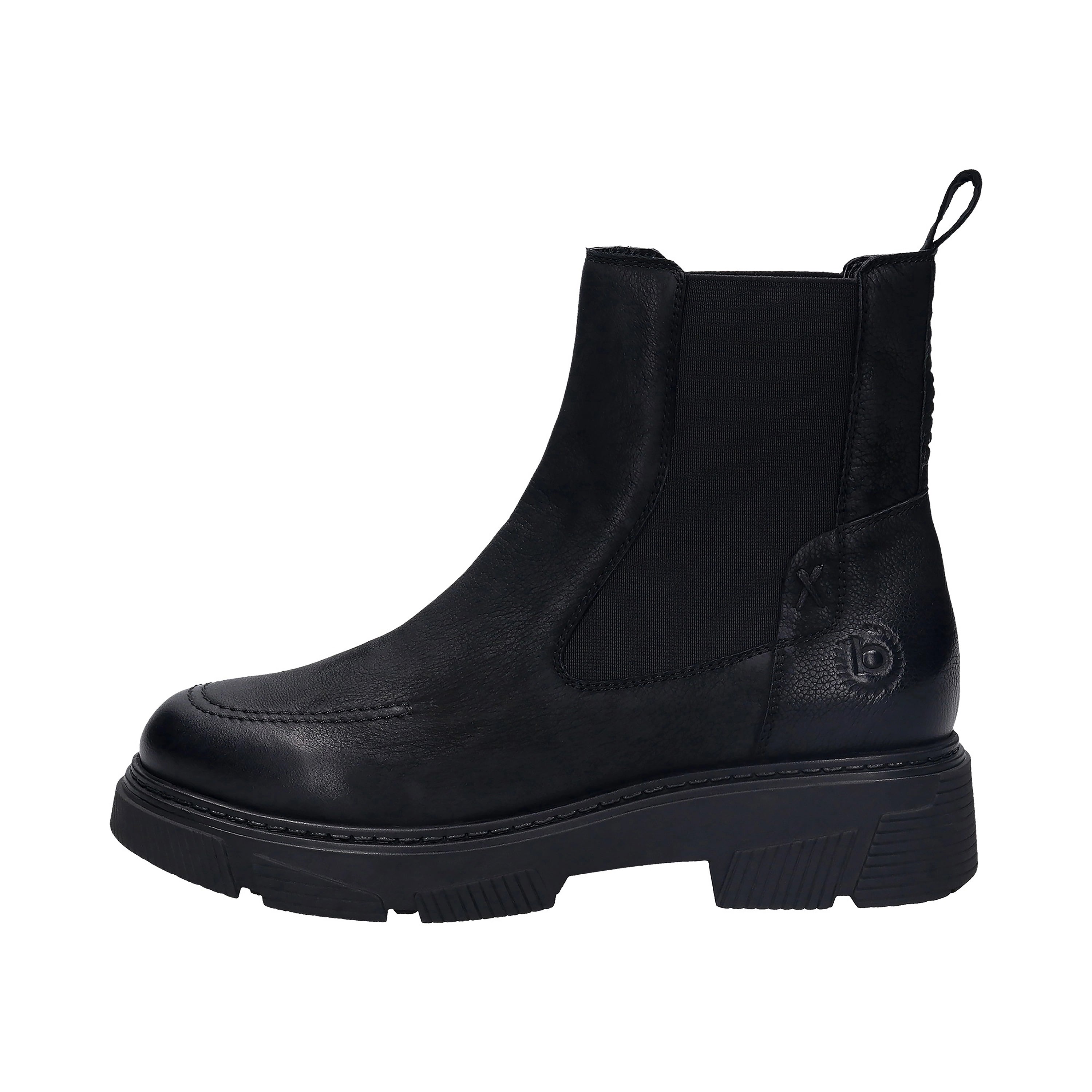 Schwarzer bugatti Chelsea-Boot aus Leder, seitliche Elastikeinsätze, Büstenbild.