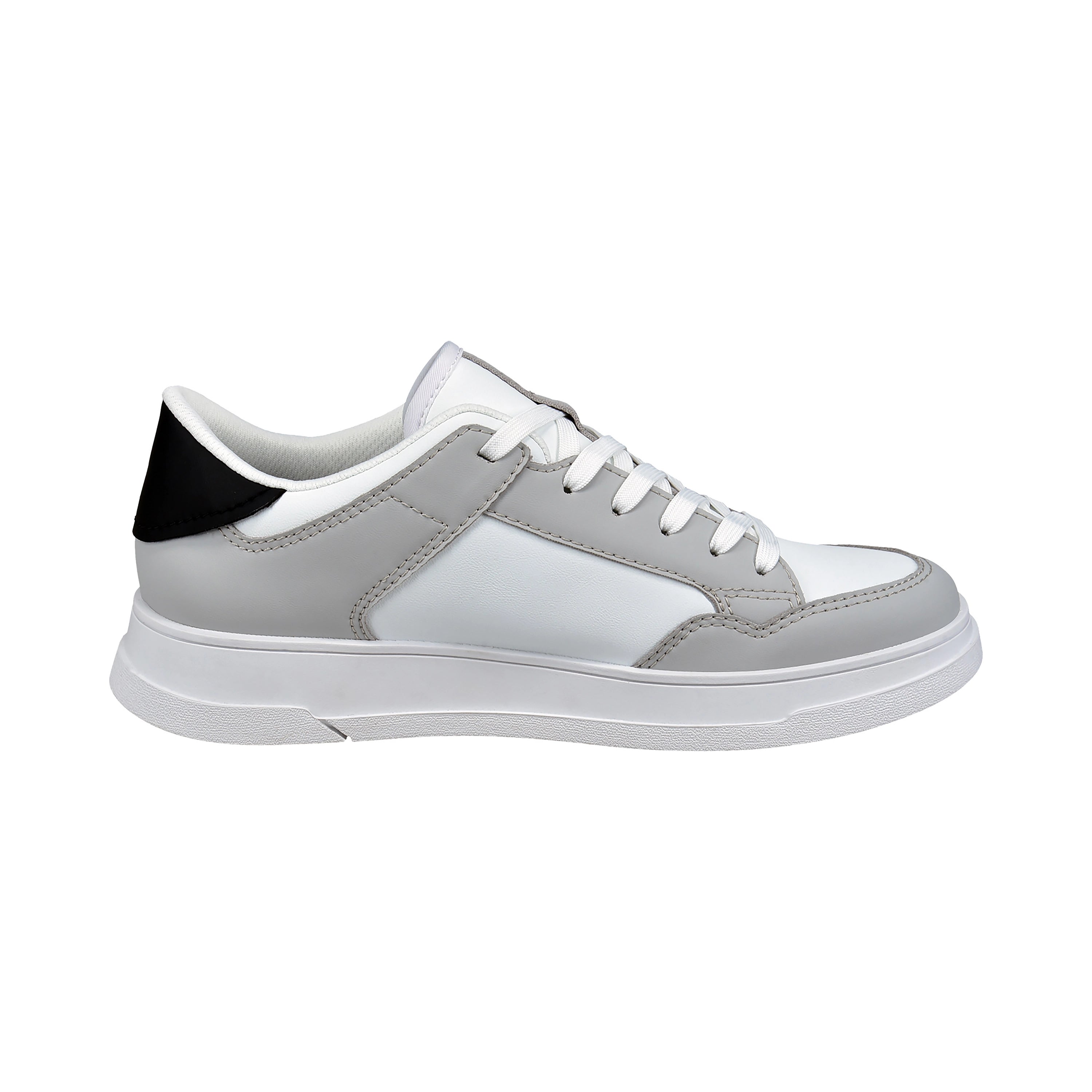 Weiß-grauer bugatti Sneaker, seitliche Ansicht, sportlich-elegantes Design, schwarze Ferse.