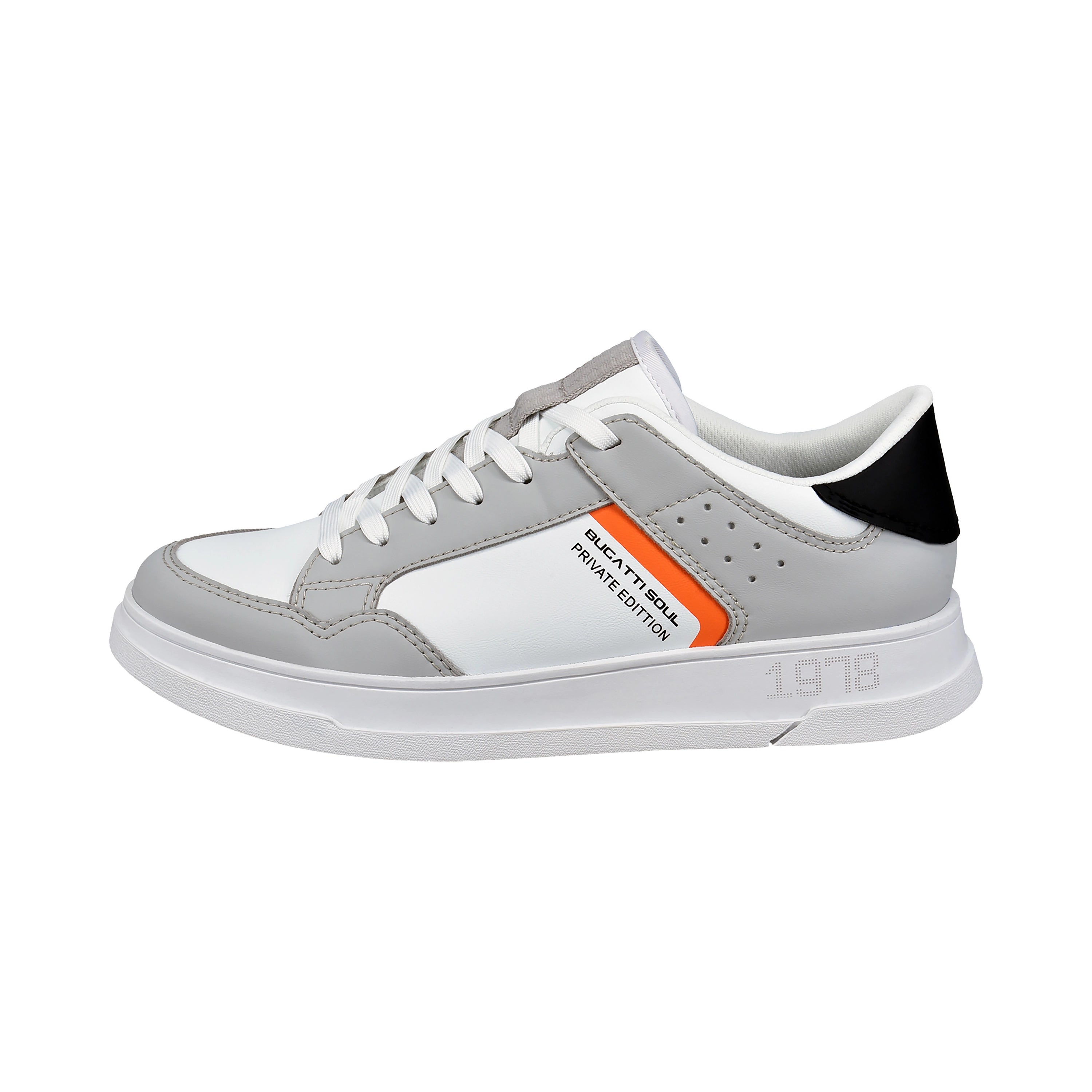 bugatti sneakers, white-grey with orange accent, side view, sporty-elegant.