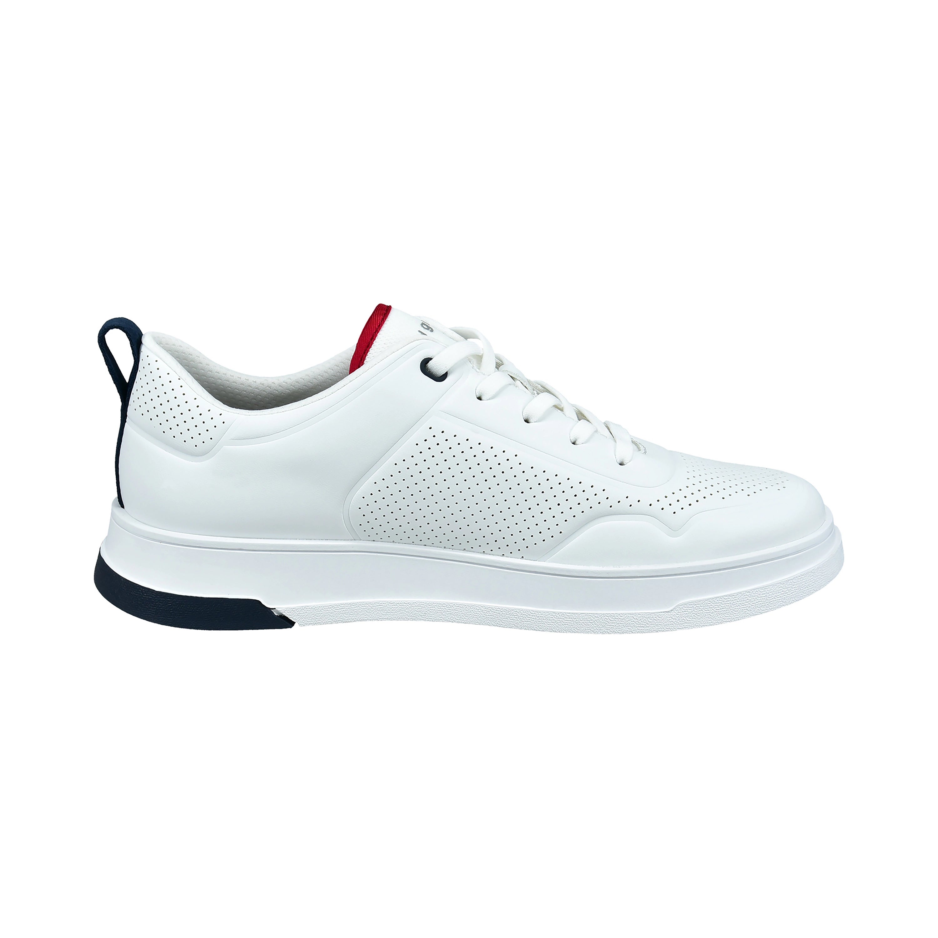 White bugatti sneakers, side view, red accents, sporty-elegant, casual design.
