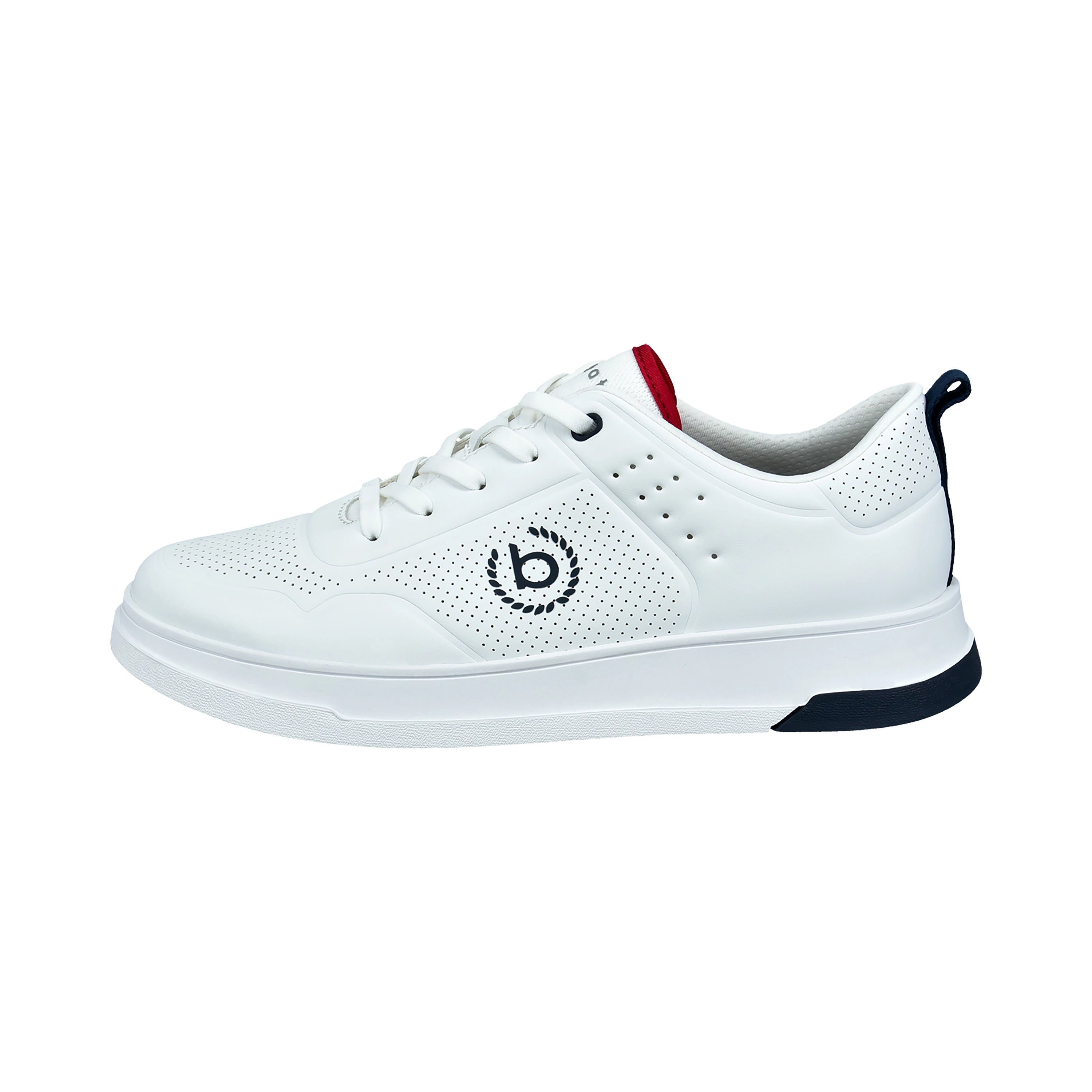 White bugatti sneakers with perforated design and logo, side view, casual image.