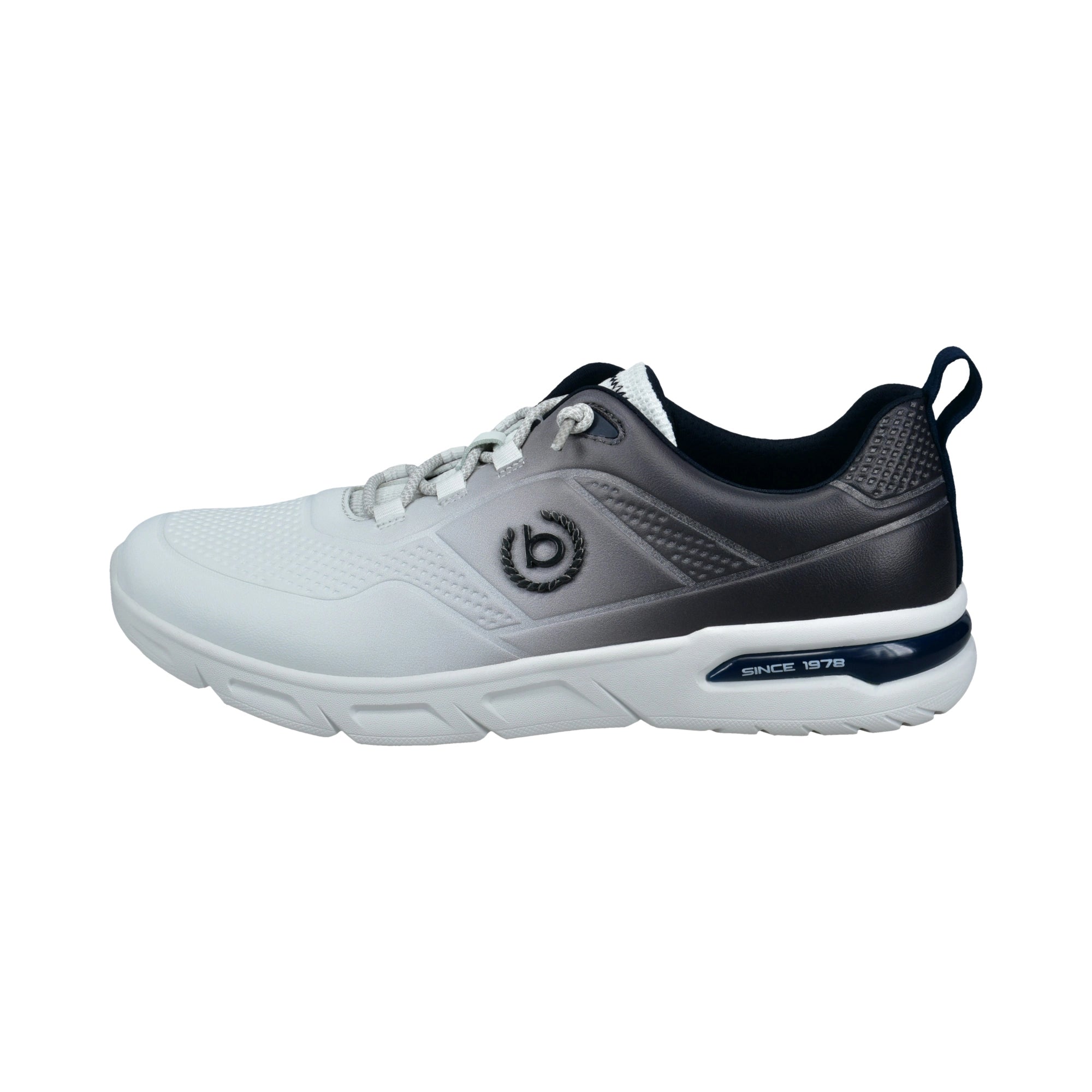 Weißer und grauer bugatti Sneaker mit Logo, sportliches Design, Seitenansicht, ideal für lässige Outfits.