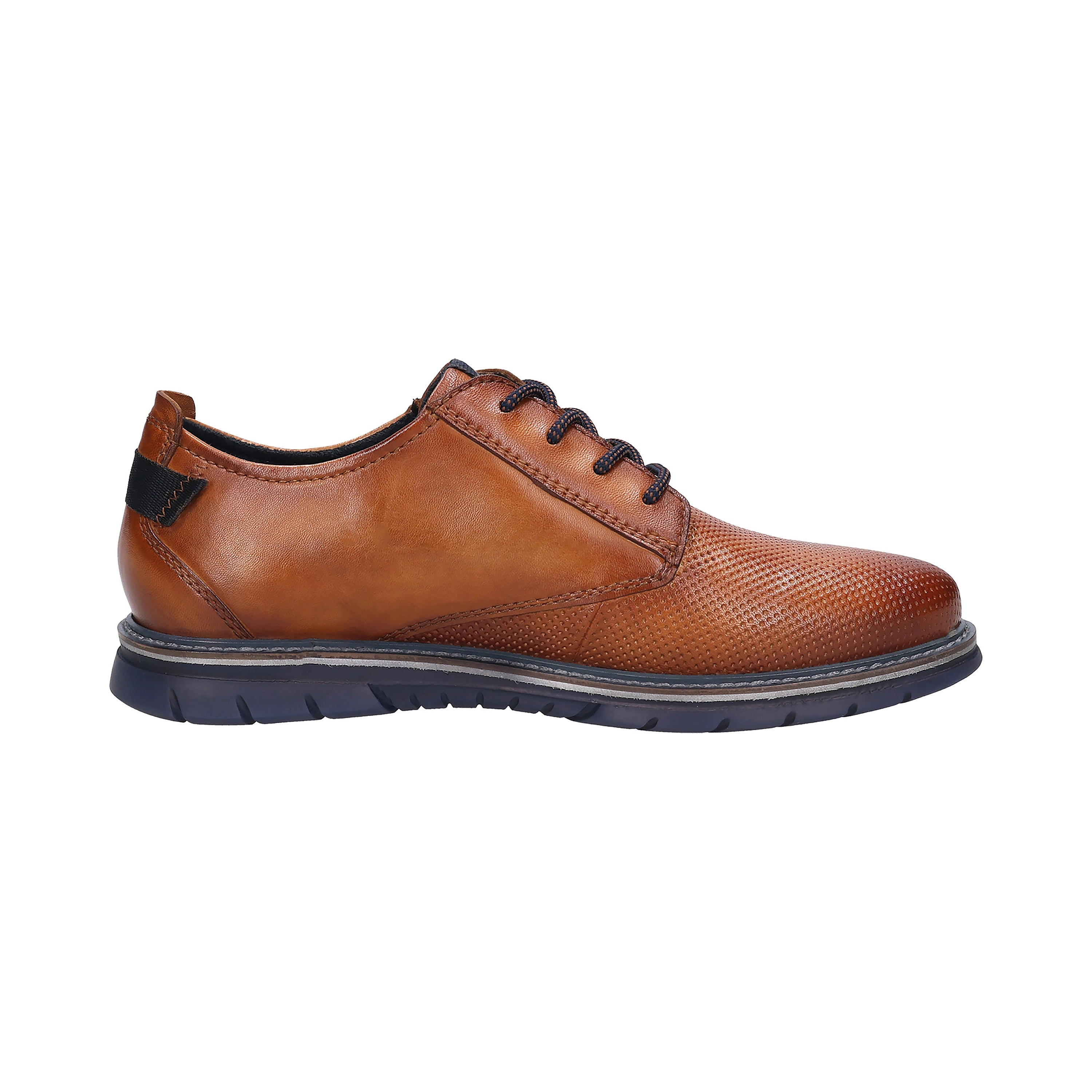 Brown bugatti leather shoe with textured pattern, side view.