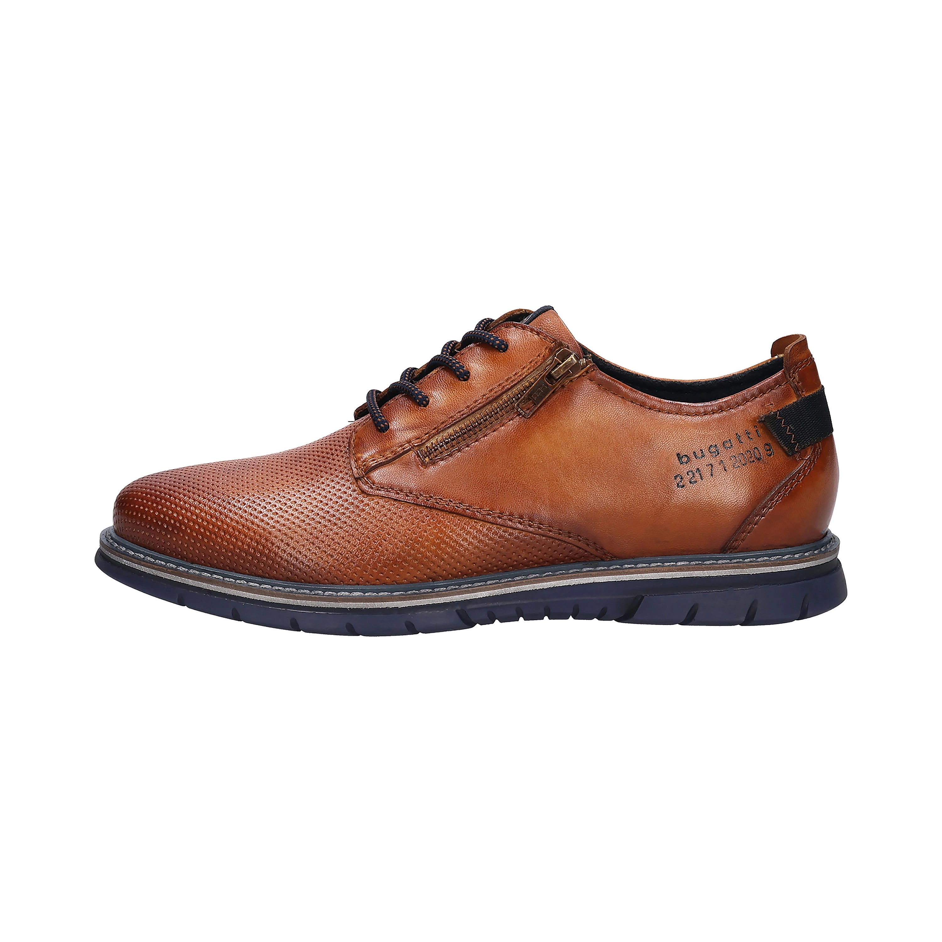 bugatti brown leather shoe, side profile, decorative stitching, black sole, elegant casual style.