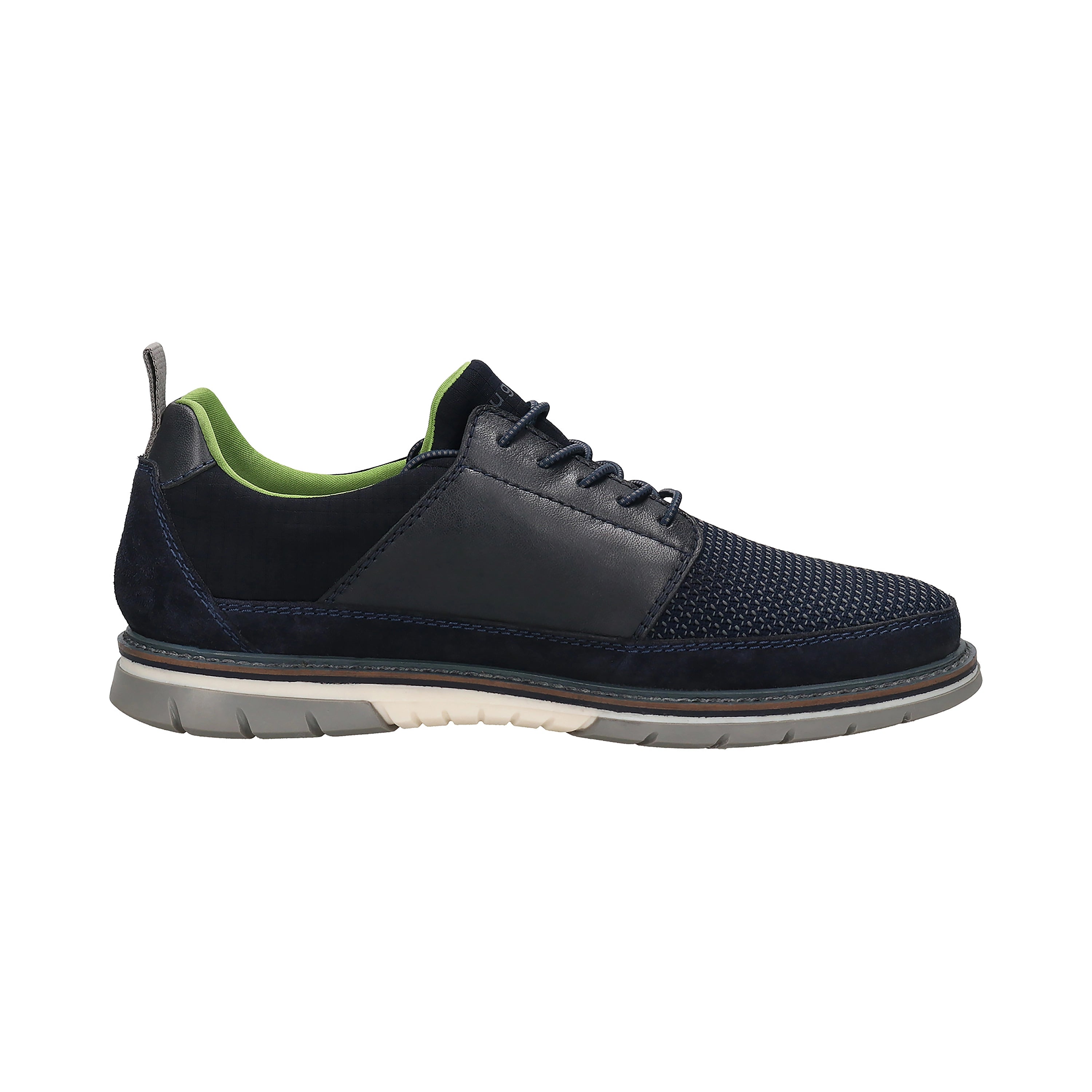 Dark blue bugatti shoe with green lining, side view, casual design.
