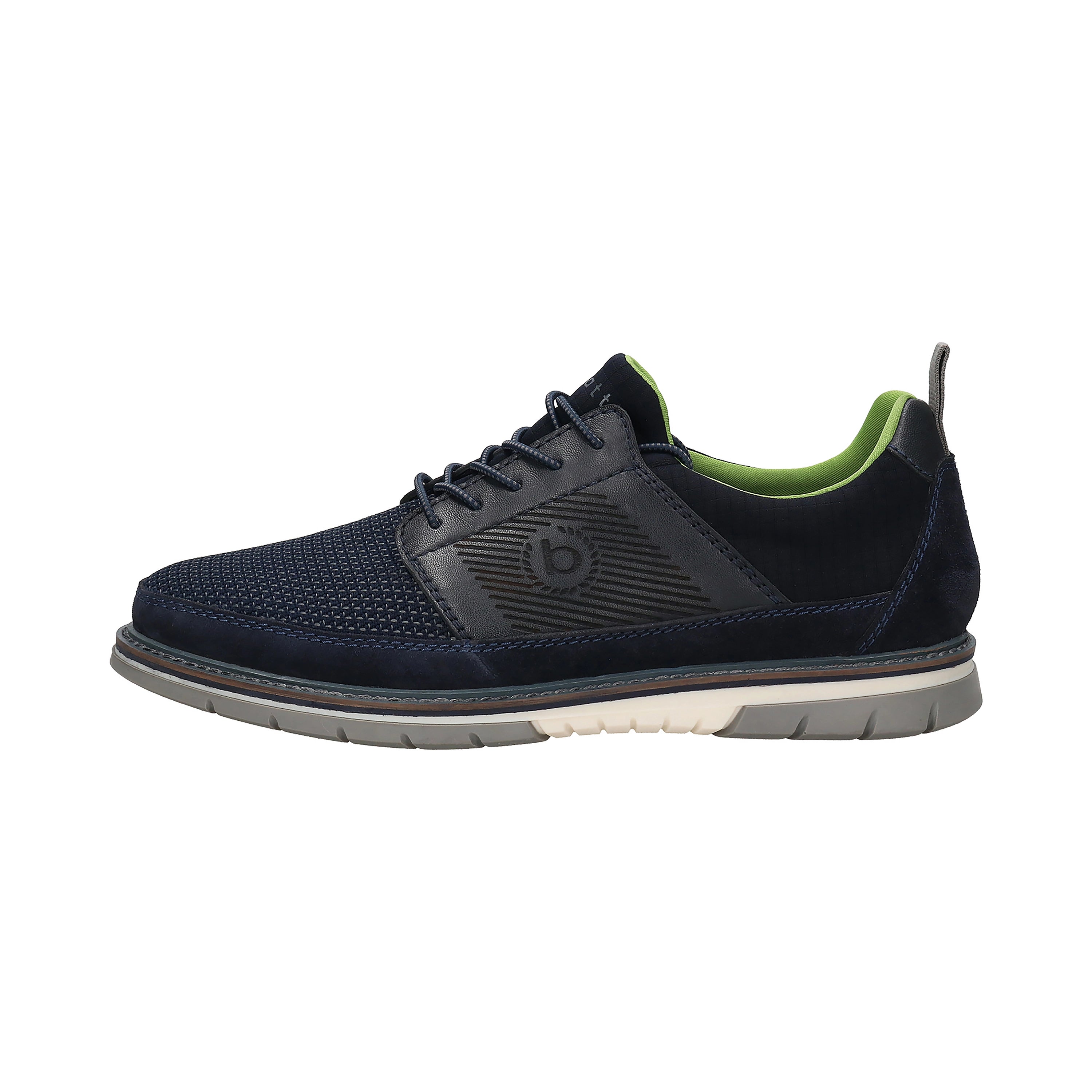 Navy bugatti sneaker, breathable design, green accents, timeless style.