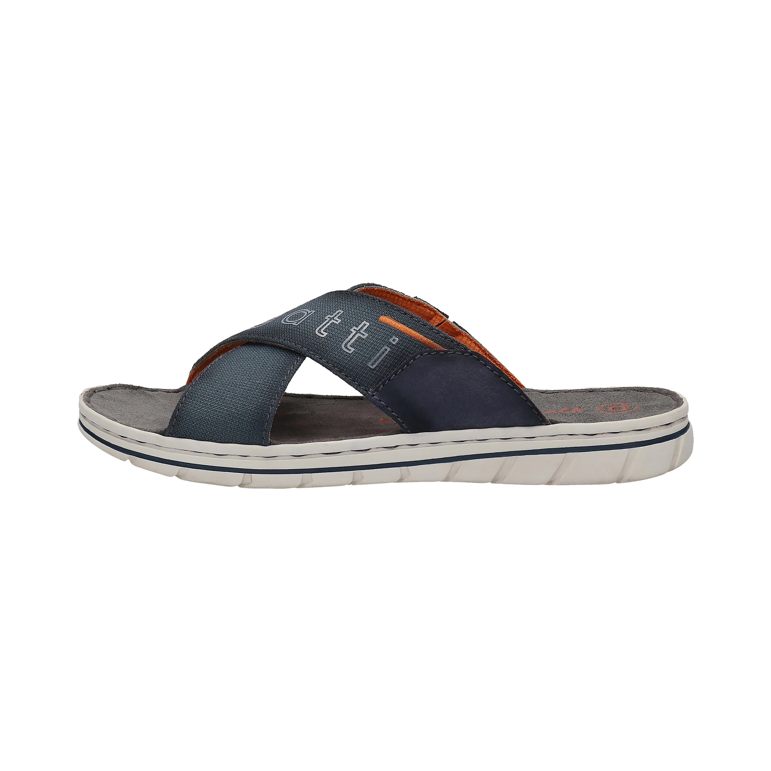 bugatti men's sandal, blue-gray, cross-strap, logo detail, casual view, high-quality materials.