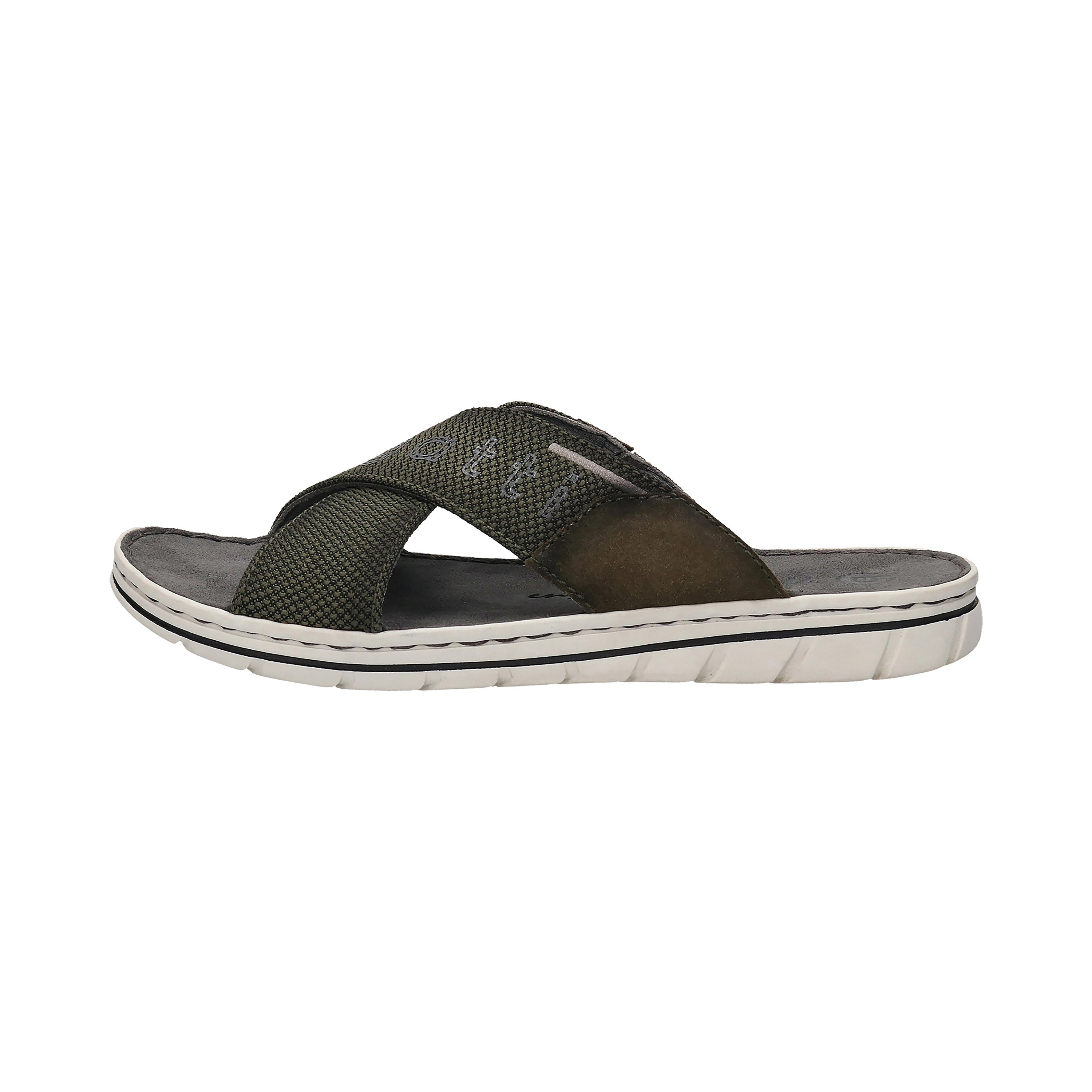 Green bugatti sandal with crossed straps, side view, casual and comfortable.
