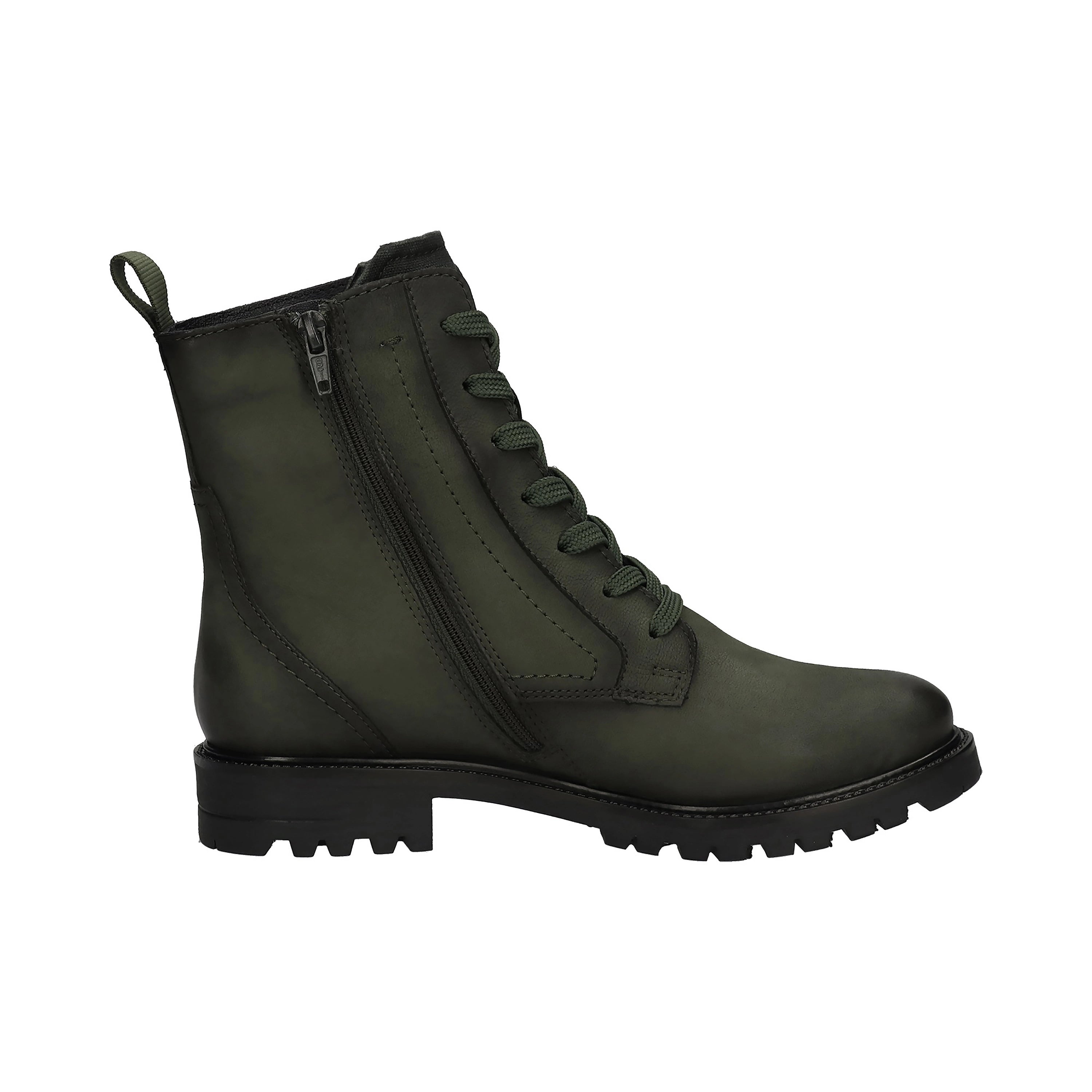 Grüne bugatti Stiefelette, Seitenansicht, robustes Design mit Schnürung und Reißverschluss, legeres Produktbild.
