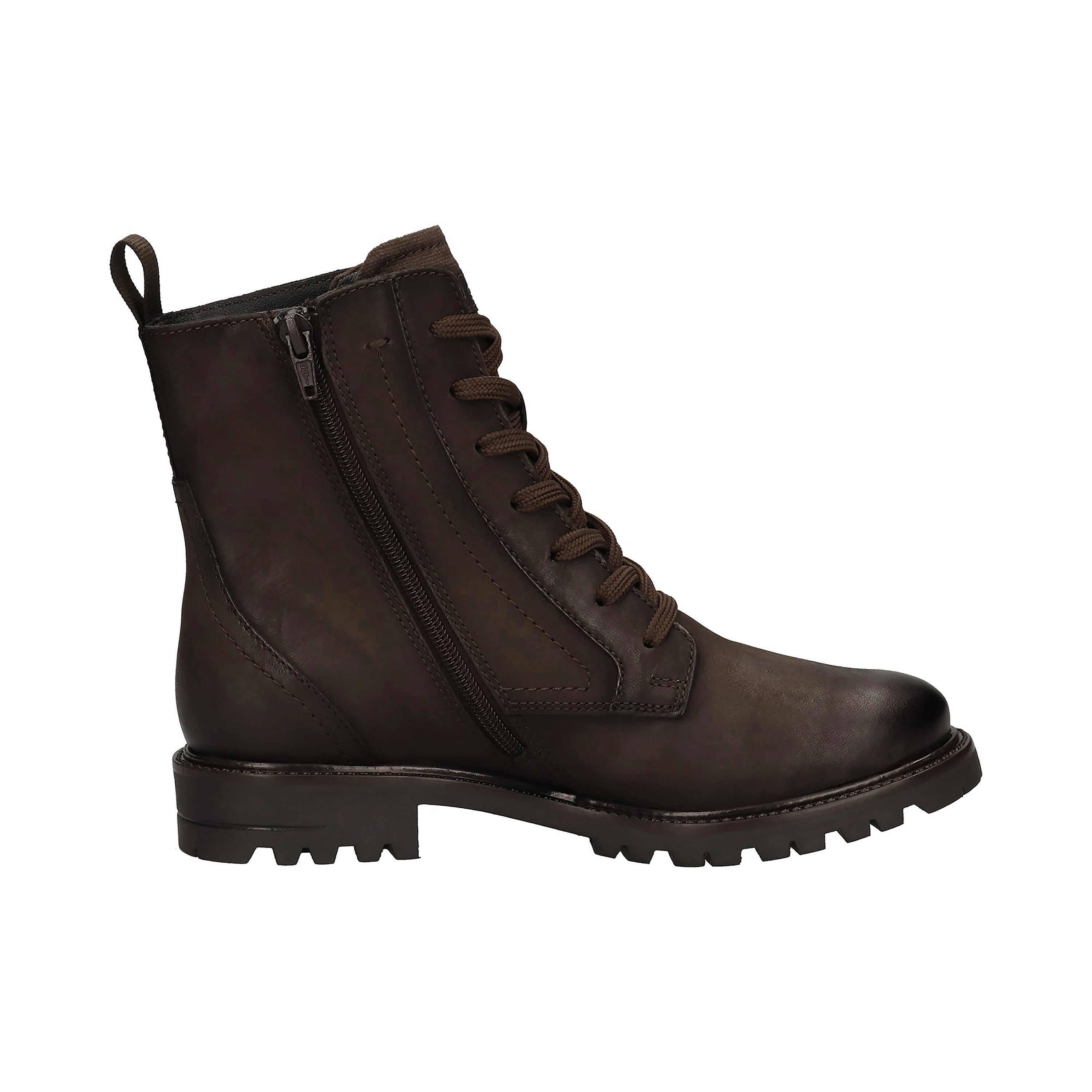 Dunkelbrauner bugatti Stiefel mit Schnürung und Reißverschluss, robustes Design, Seitenansicht.