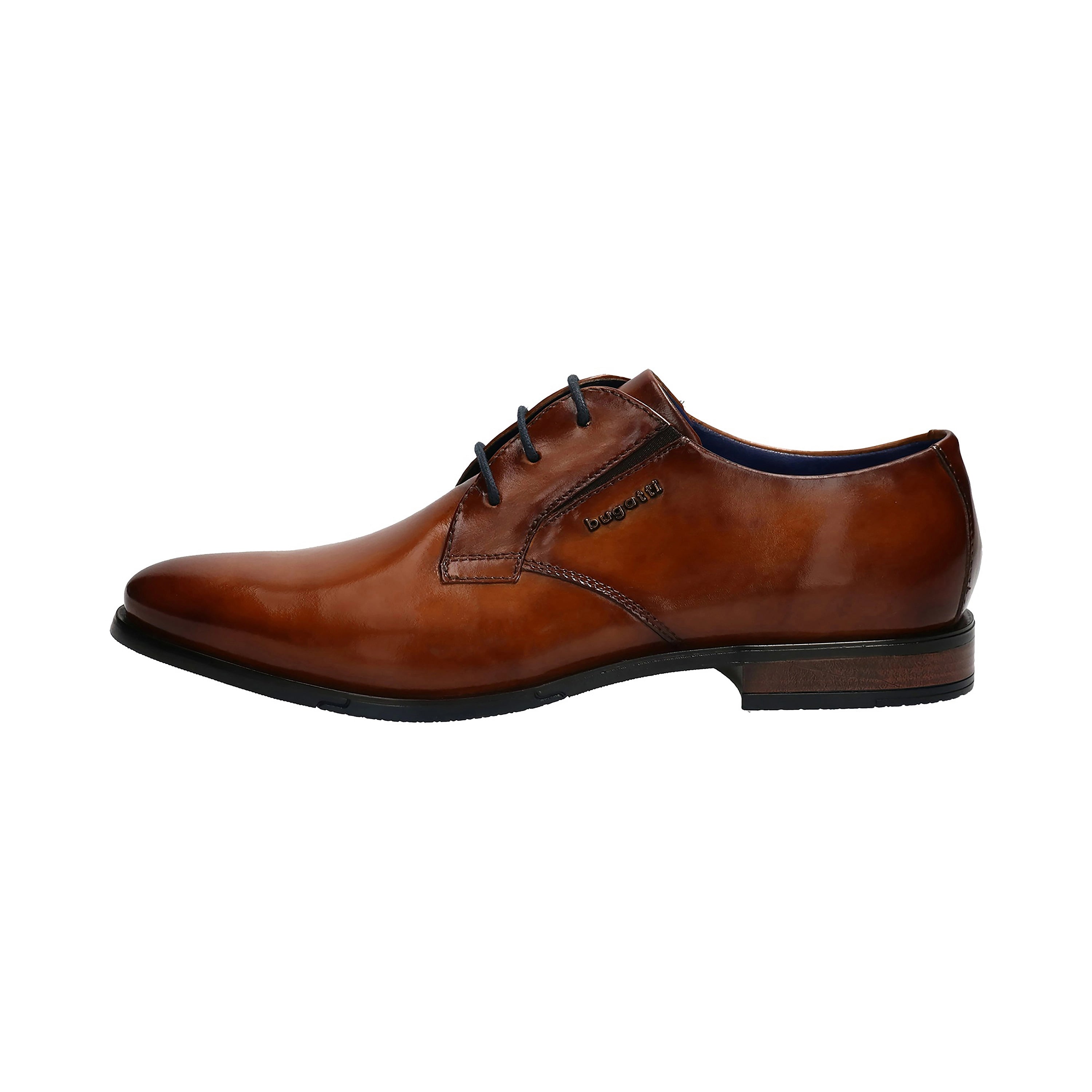 bugatti brauner Lederschuh, elegante Schnürung, Seitenansicht, stilvoll und zeitlos.