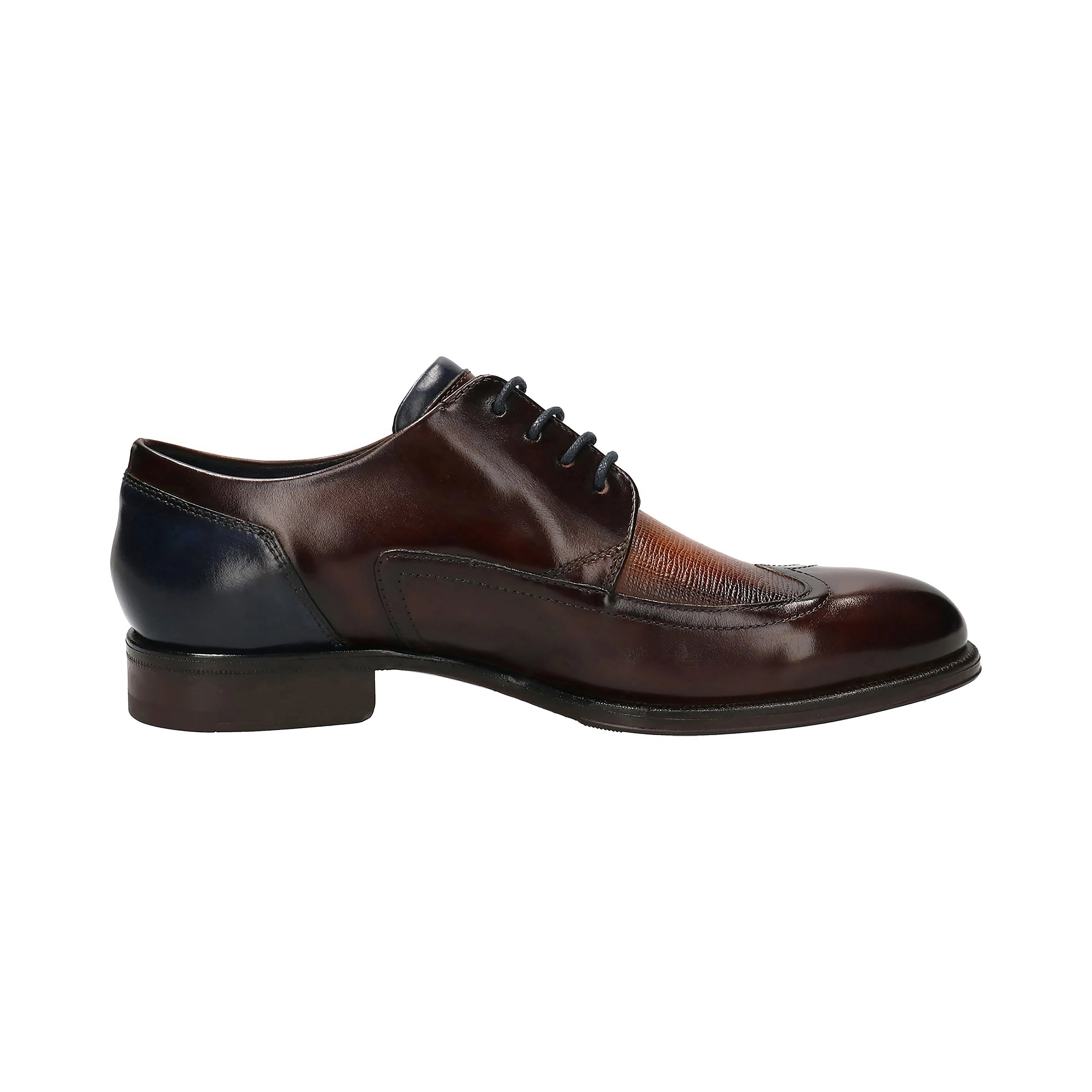 Elegant bugatti leather shoe in brown with blue details, classic side view.