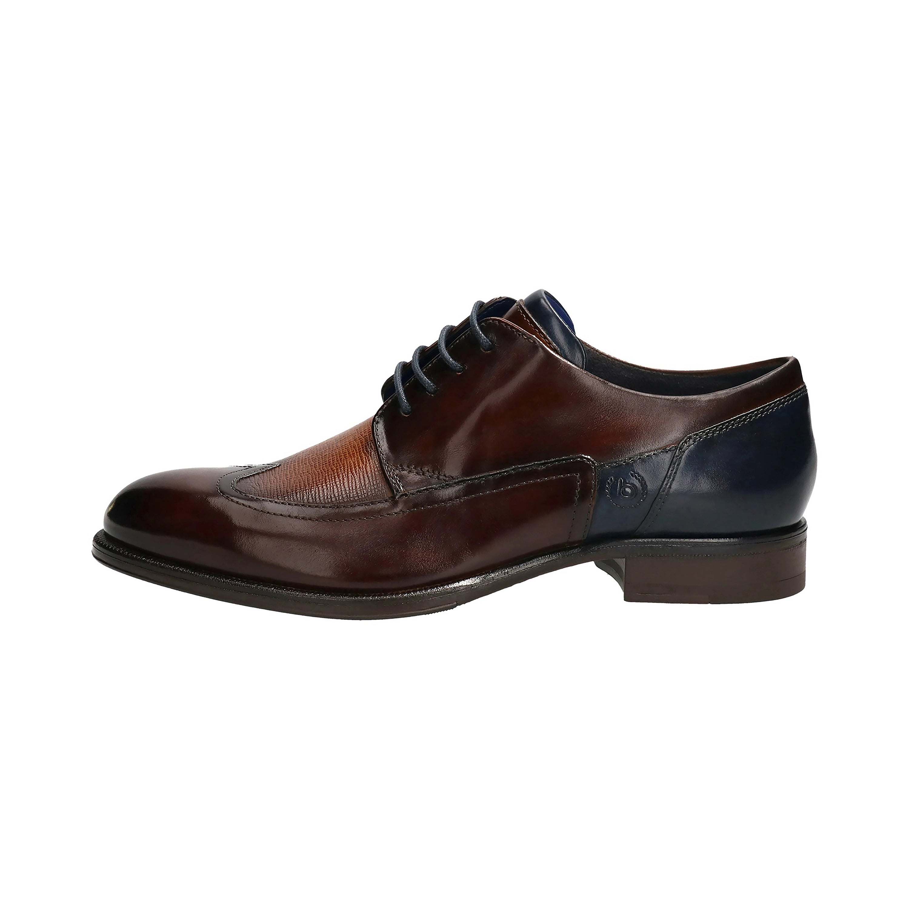 Brown leather bugatti shoe with blue accents, side view, elegant design.