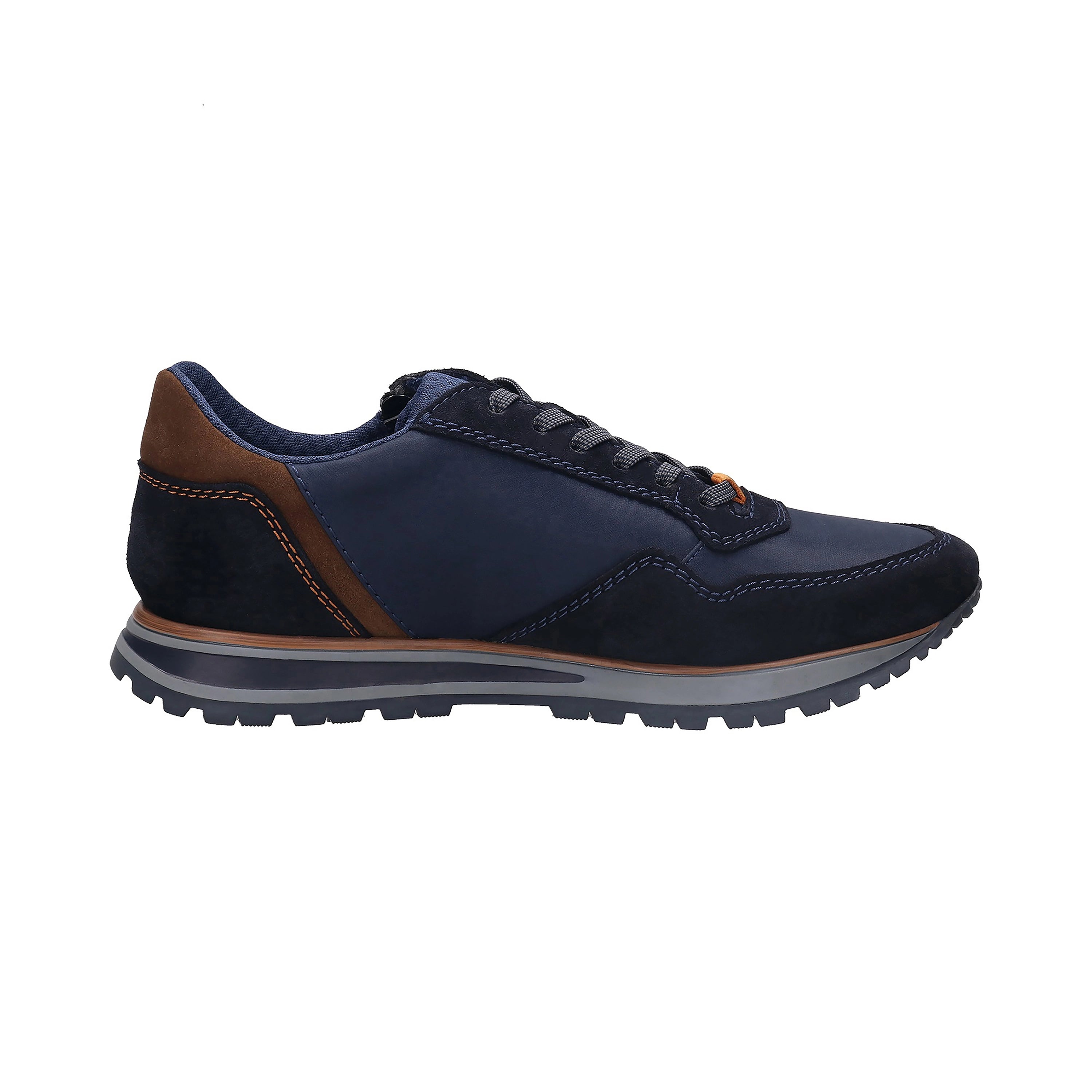 Navy-brauner bugatti Sneaker, seitliche Ansicht, kontrastierende Details, sportlich-elegantes Design.