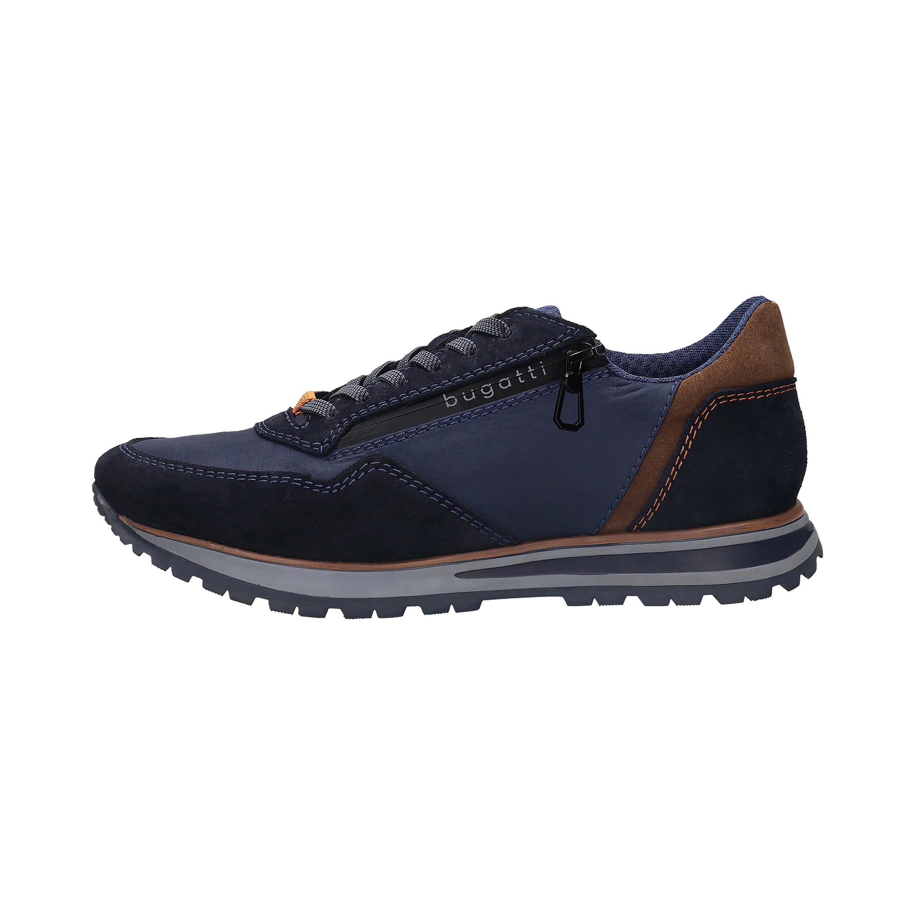 bugatti Sneaker, dunkelblau mit braunen Akzenten, seitliche Ansicht, sportlich-elegant.