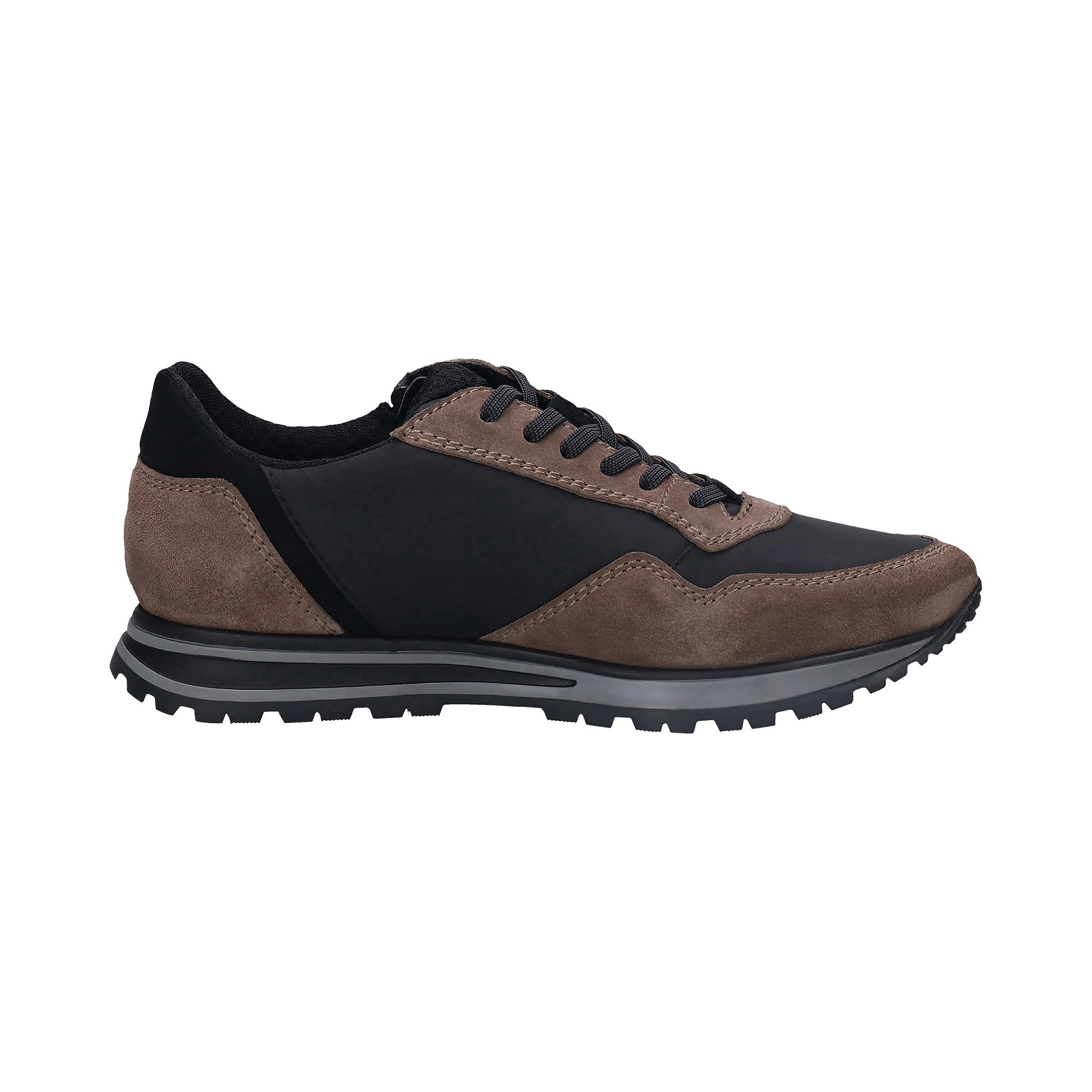 bugatti sneaker in bruin en zwart, zijaanzicht, sportief-elegant ontwerp, perfect voor een stedelijke stijl.