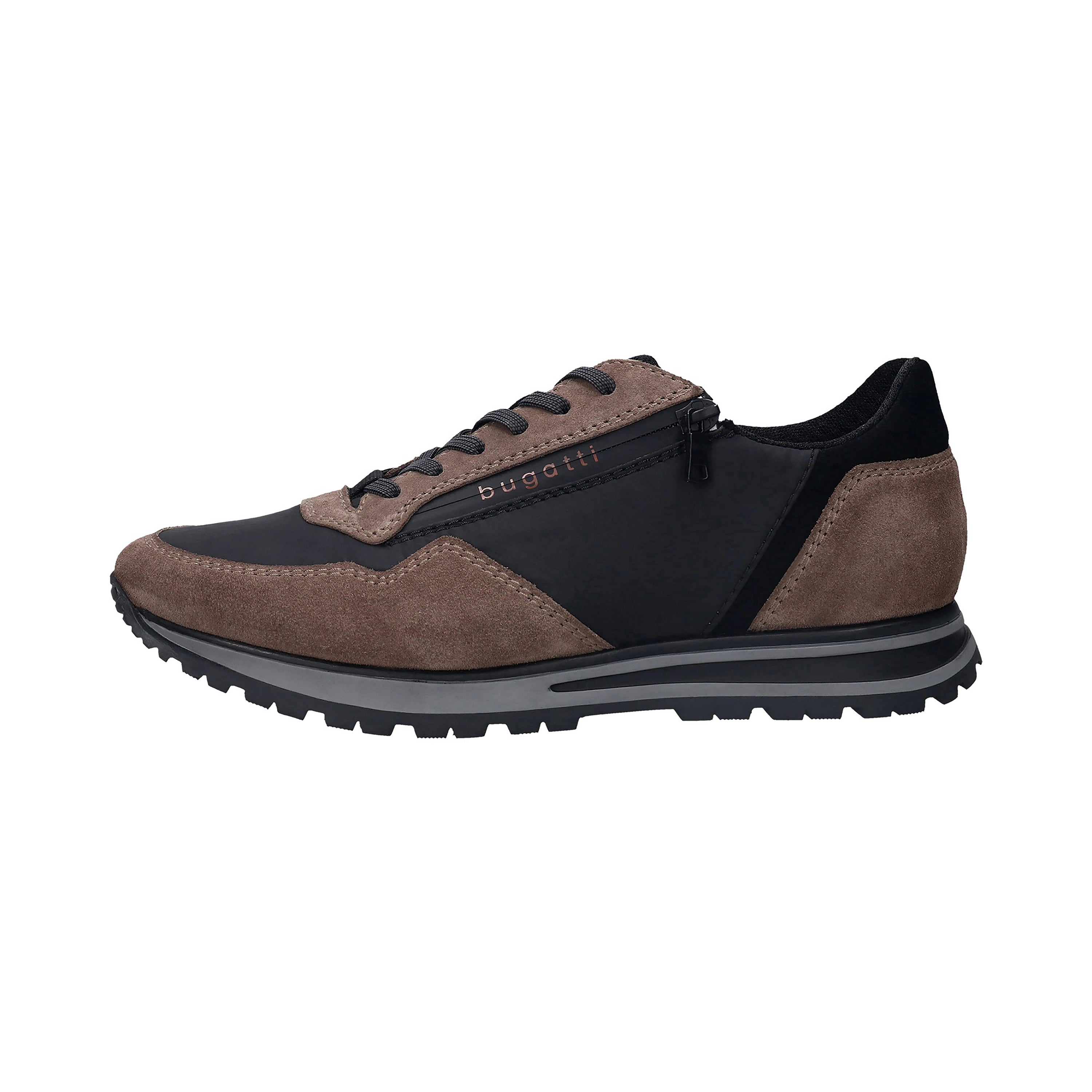 bugatti sneaker in bruin en zwart met veters en ritssluiting, zijaanzicht, casual ontwerp.