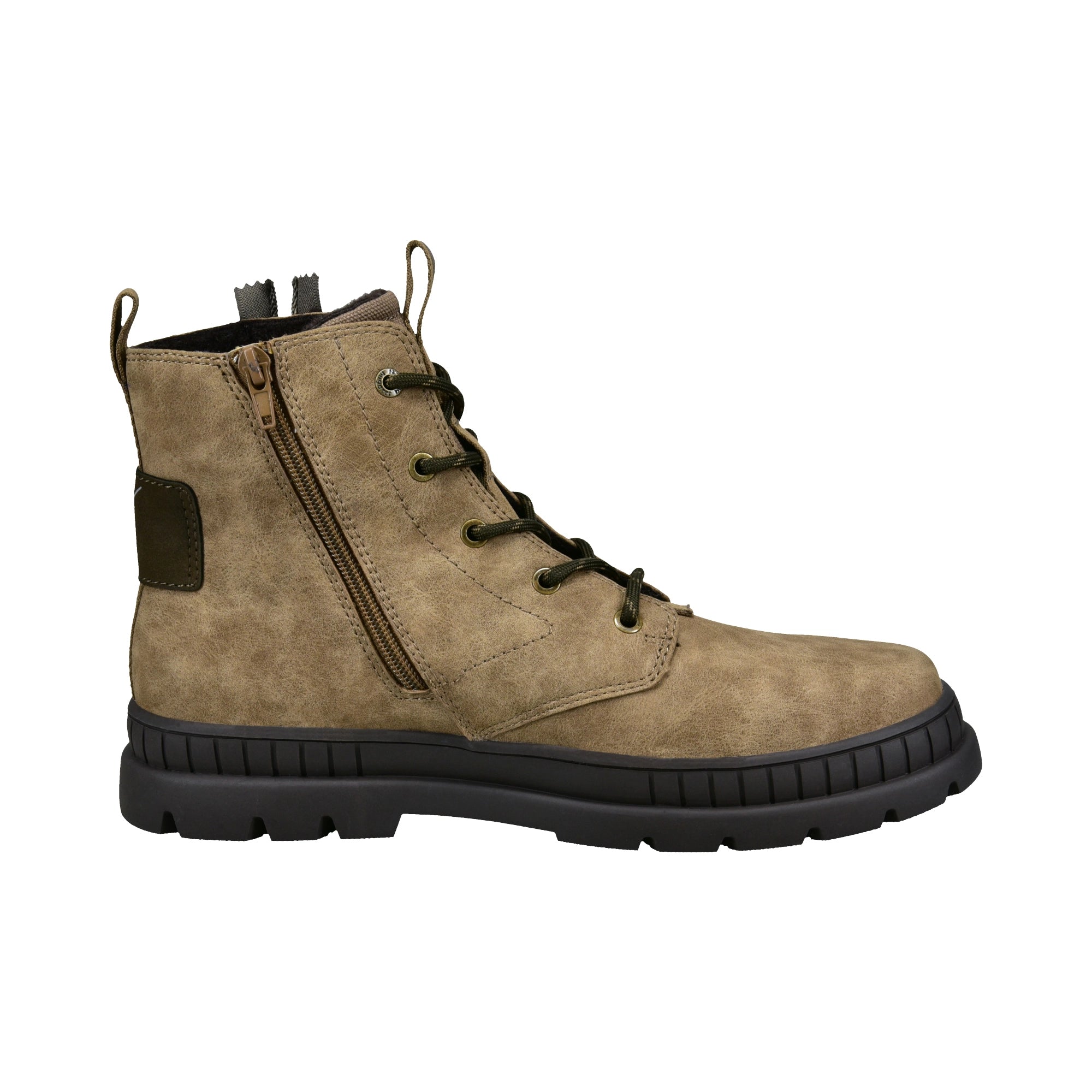 bugatti brown leather boots with zipper, side view, casual design.