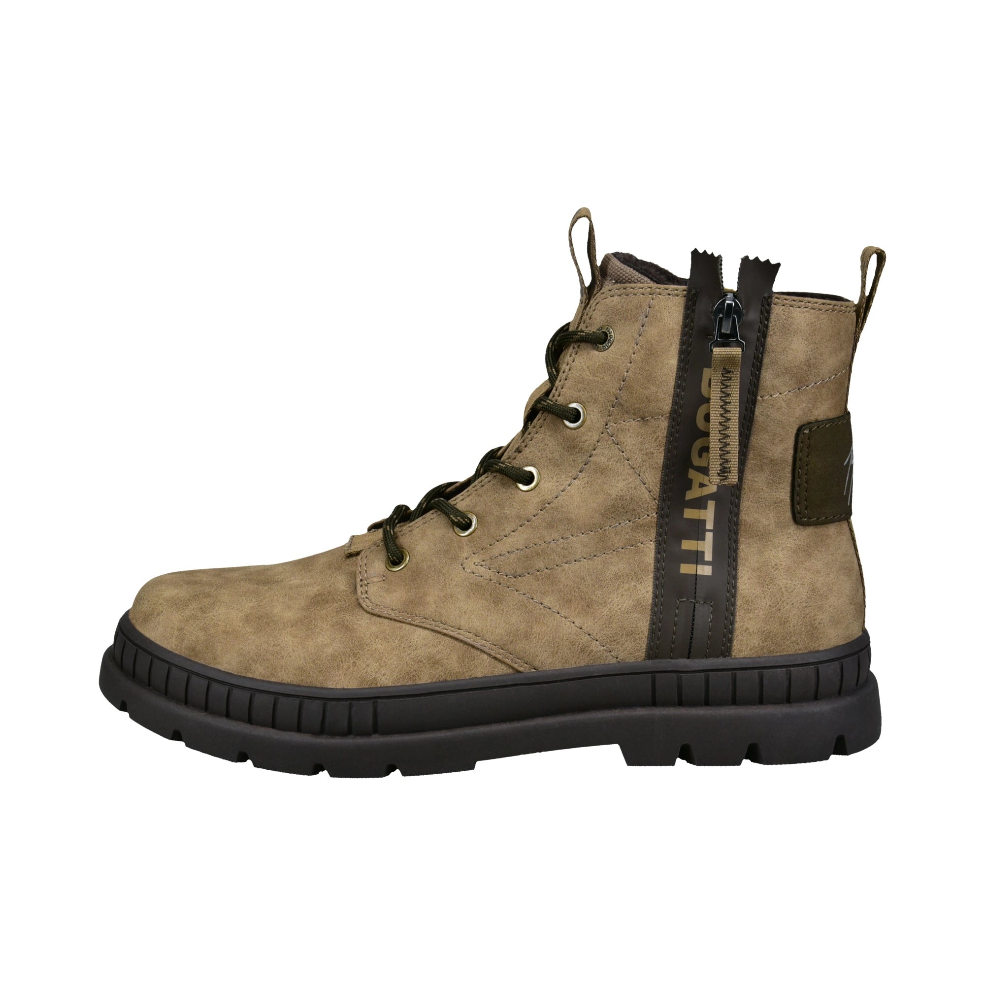 bugatti beige boots, side zipper, robust design, casual product shot.
