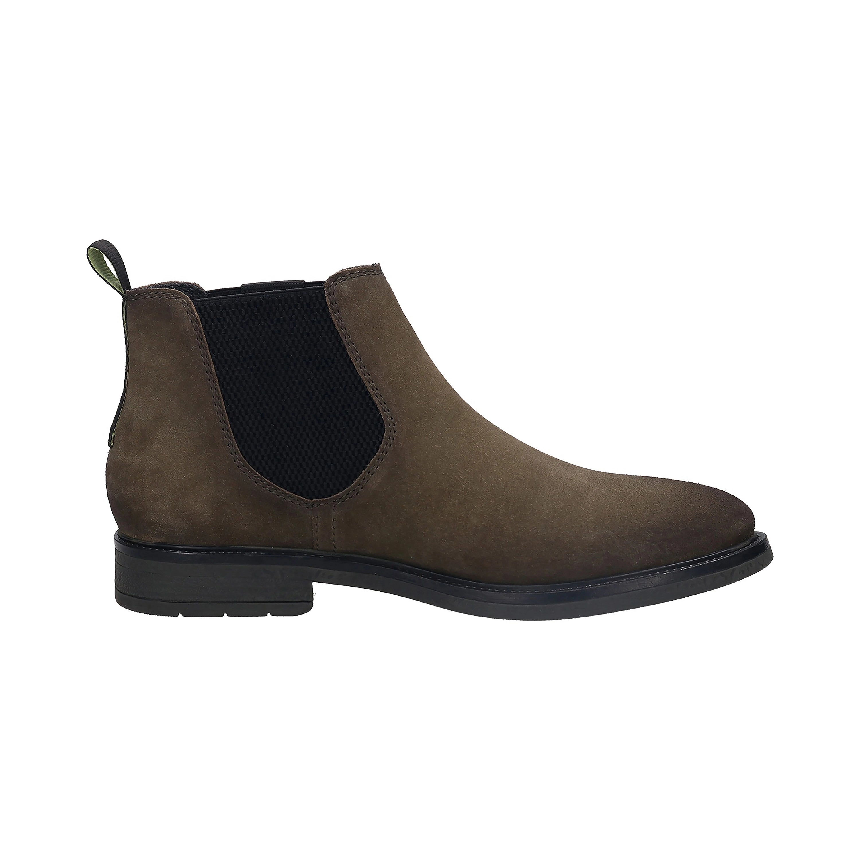 Bruine bugatti Chelsea-boot van suède met elastische inzetten, zijaanzicht.