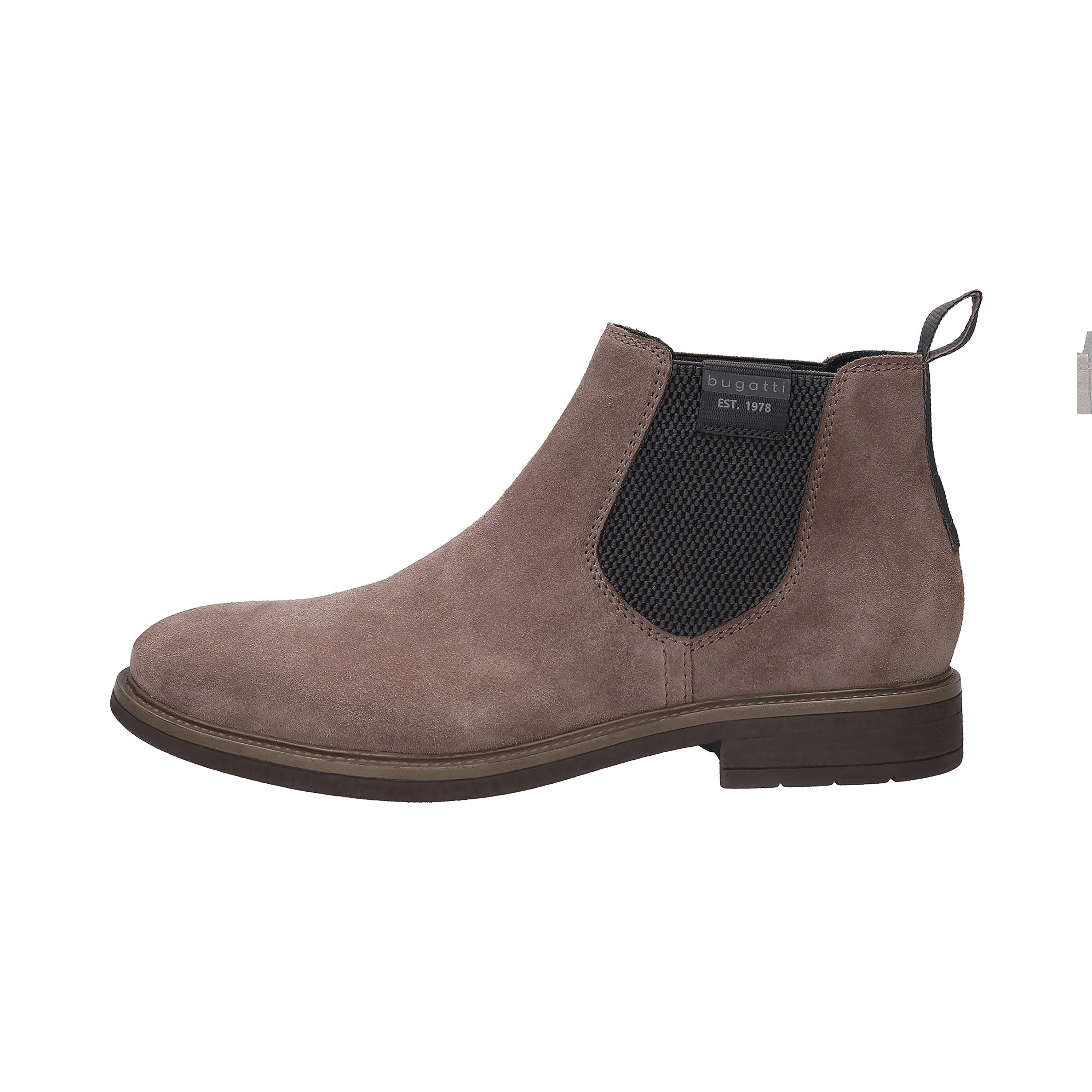 bugatti Chelsea Boot in taupe, suede, side view, elastic inserts, casual style.